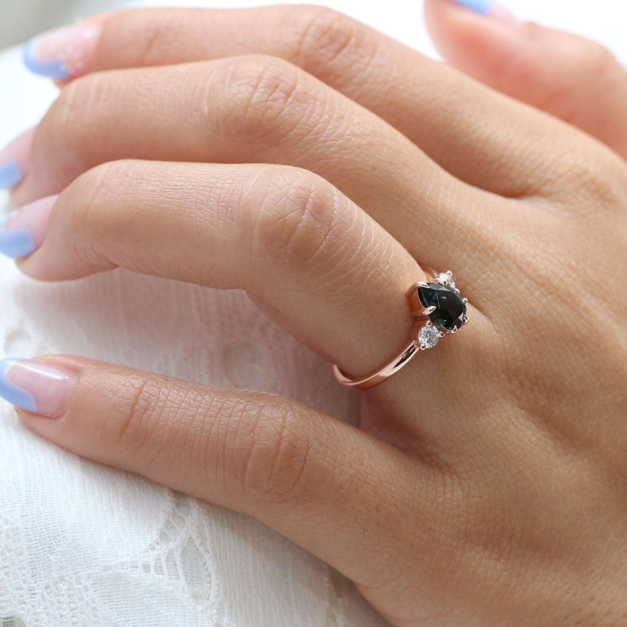 Pear teal green sapphire diamond ring rose gold 3 stone ring la more design jewelry