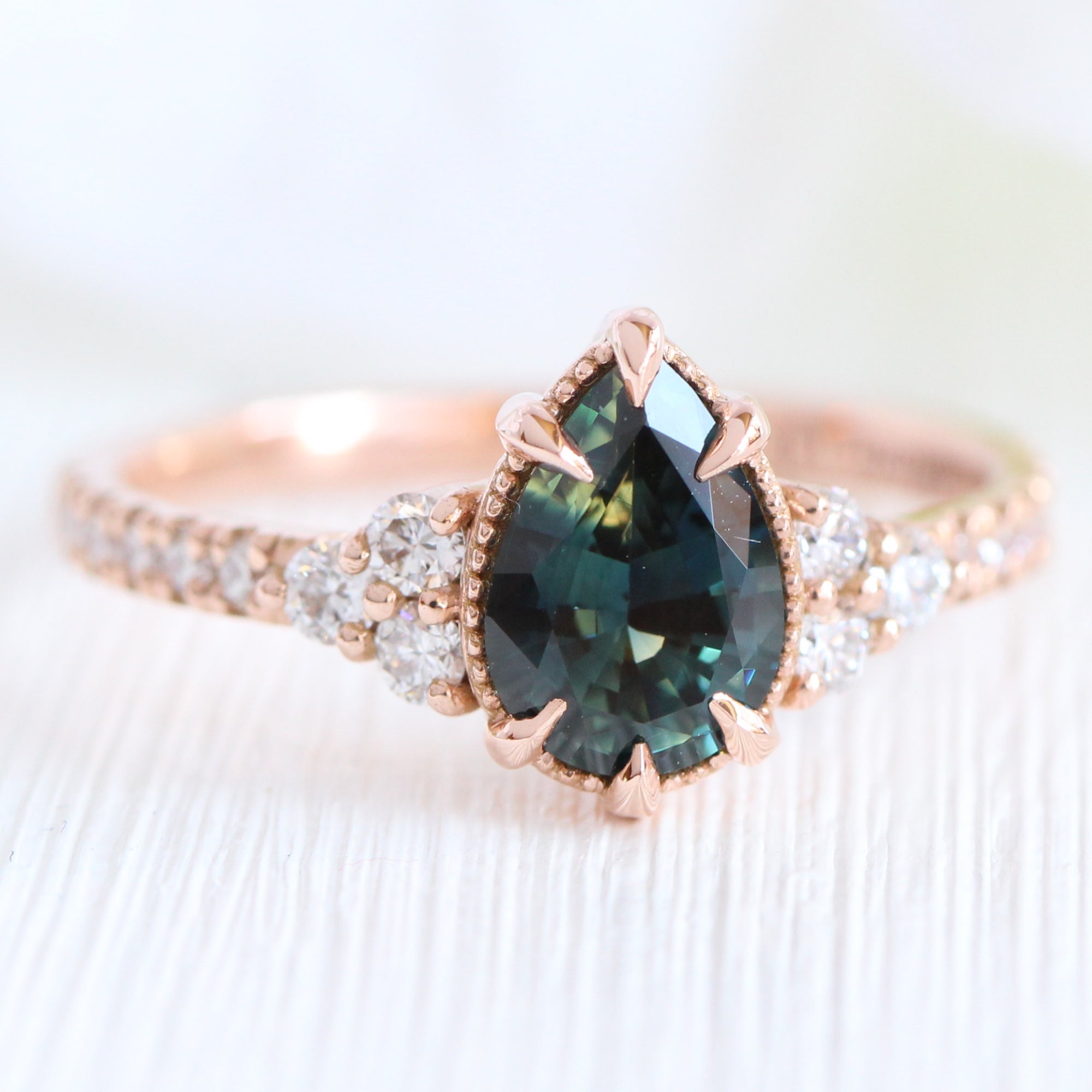 Pear teal green sapphire diamond ring rose gold vintage 3 stone ring la more design jewelry