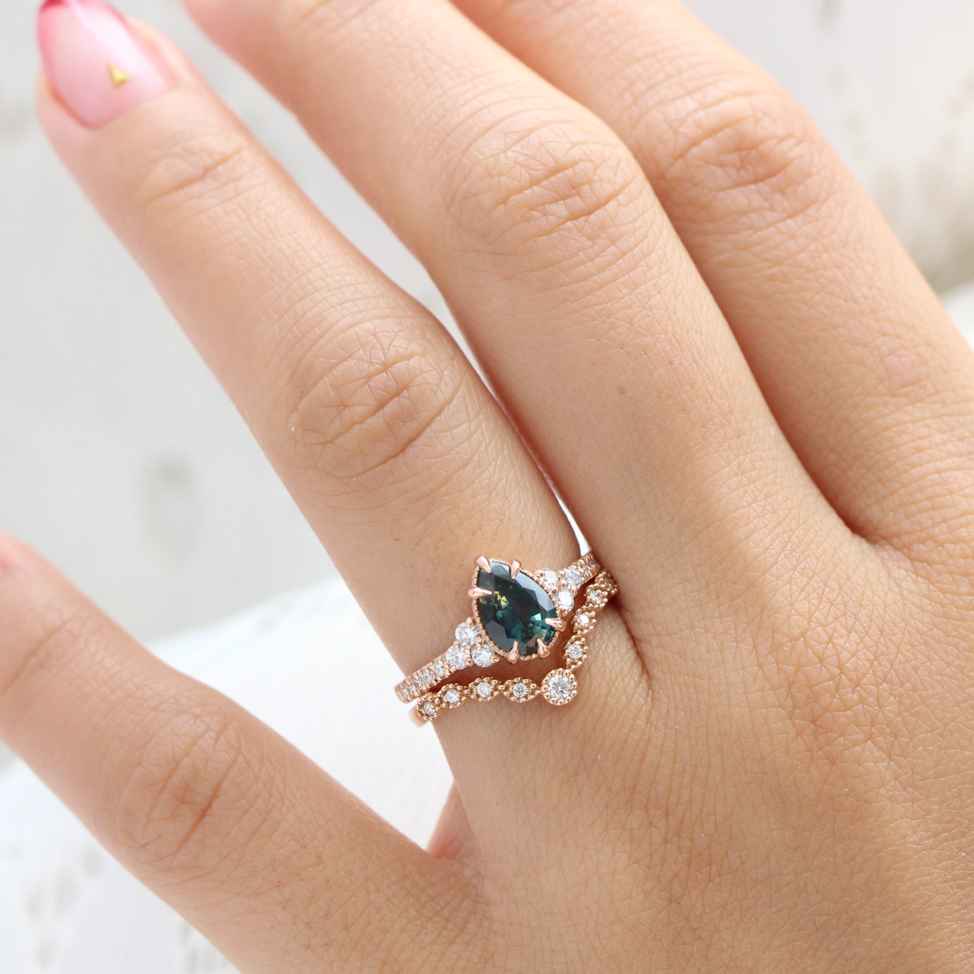 Pear teal green sapphire diamond ring rose gold vintage 3 stone ring la more design jewelry