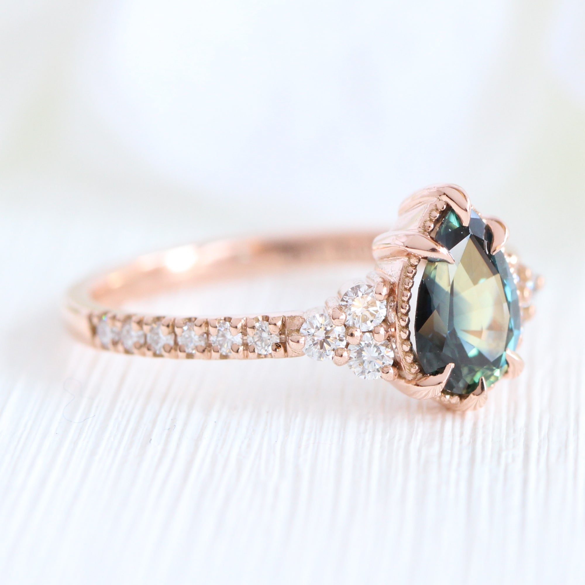 Pear teal green sapphire diamond ring rose gold vintage 3 stone ring la more design jewelry