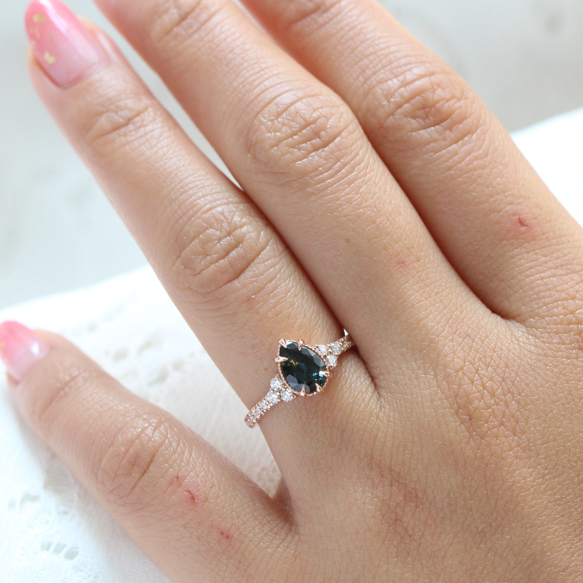 Pear teal green sapphire diamond ring rose gold vintage 3 stone ring la more design jewelry