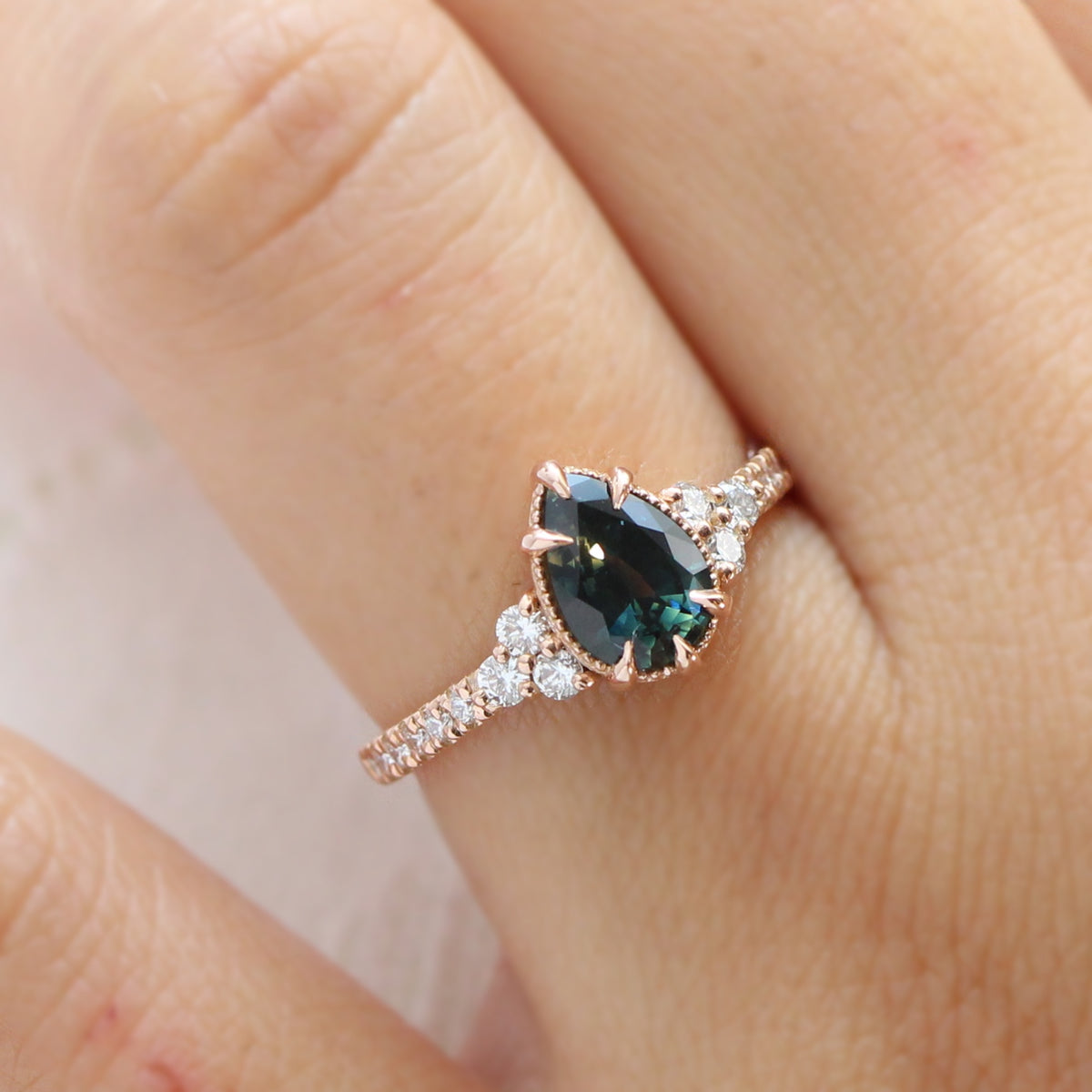 Pear teal green sapphire diamond ring rose gold vintage 3 stone ring la more design jewelry