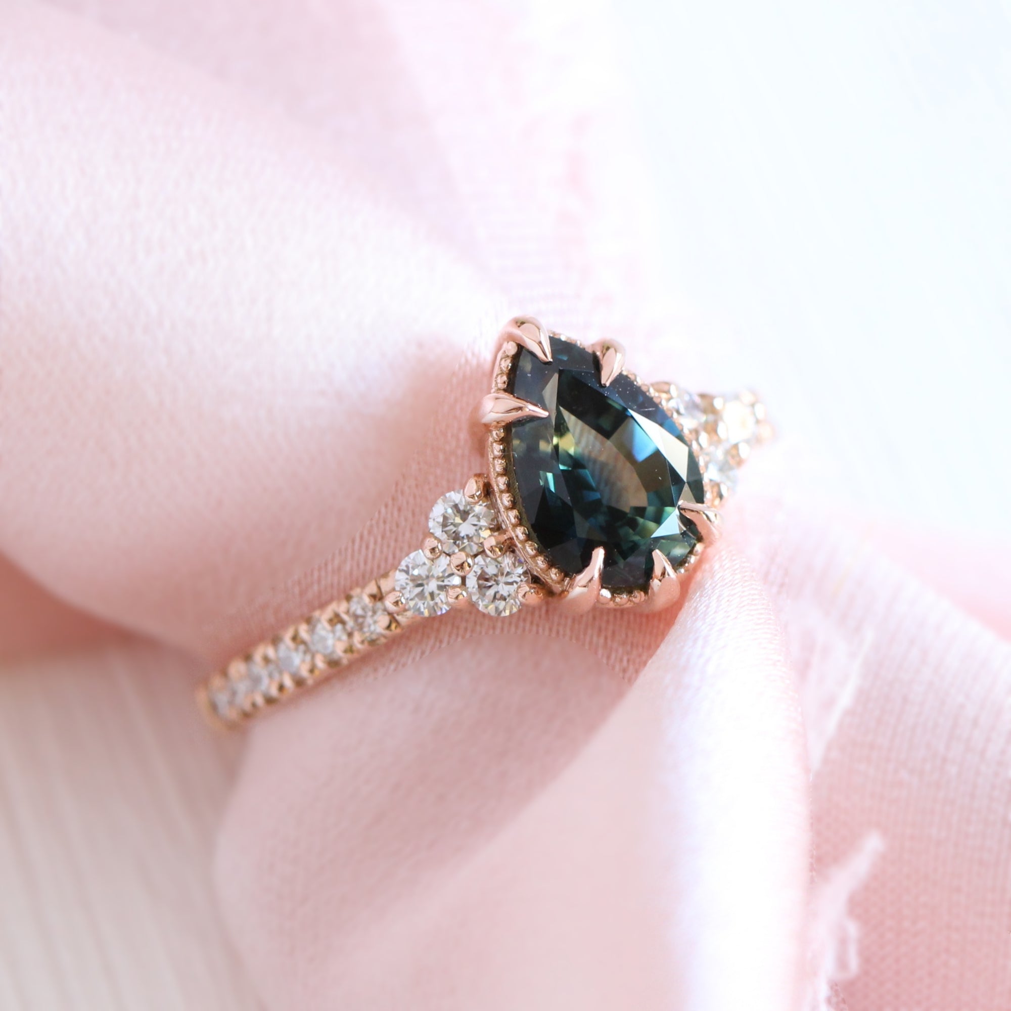 Pear teal green sapphire diamond ring rose gold vintage 3 stone ring la more design jewelry