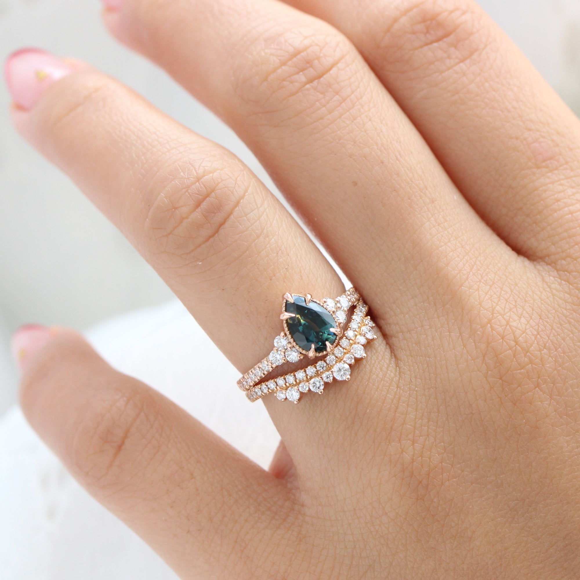 Teal Green Sapphire Diamond Engagement Ring Gold 3 Stone Pear Ring