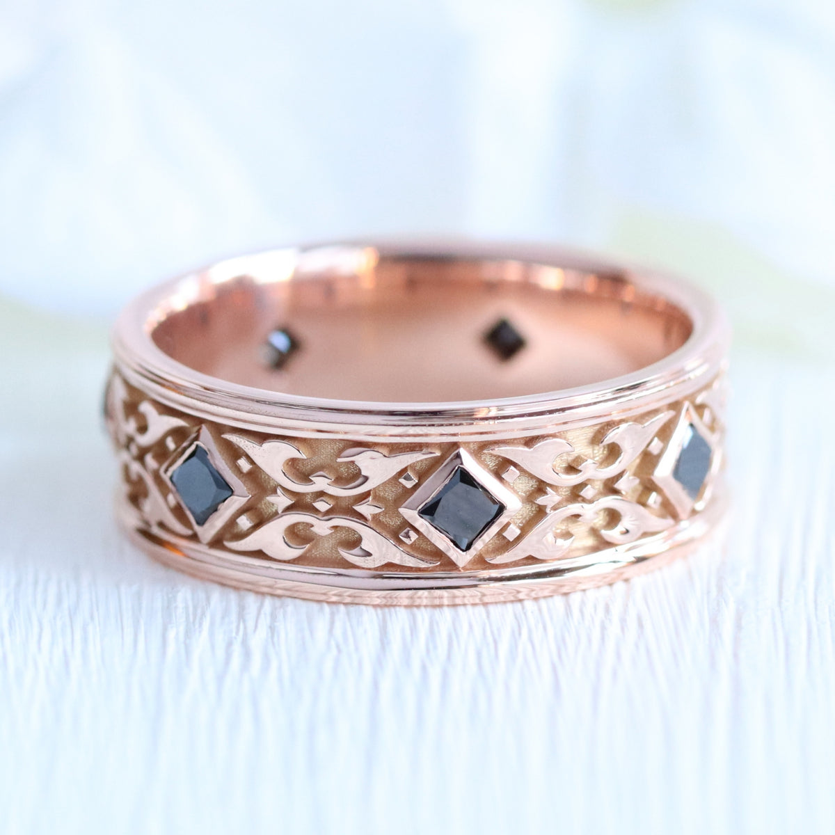 Princess cut black diamond ring rose gold Celtic knot wedding band for him la more design jewelry