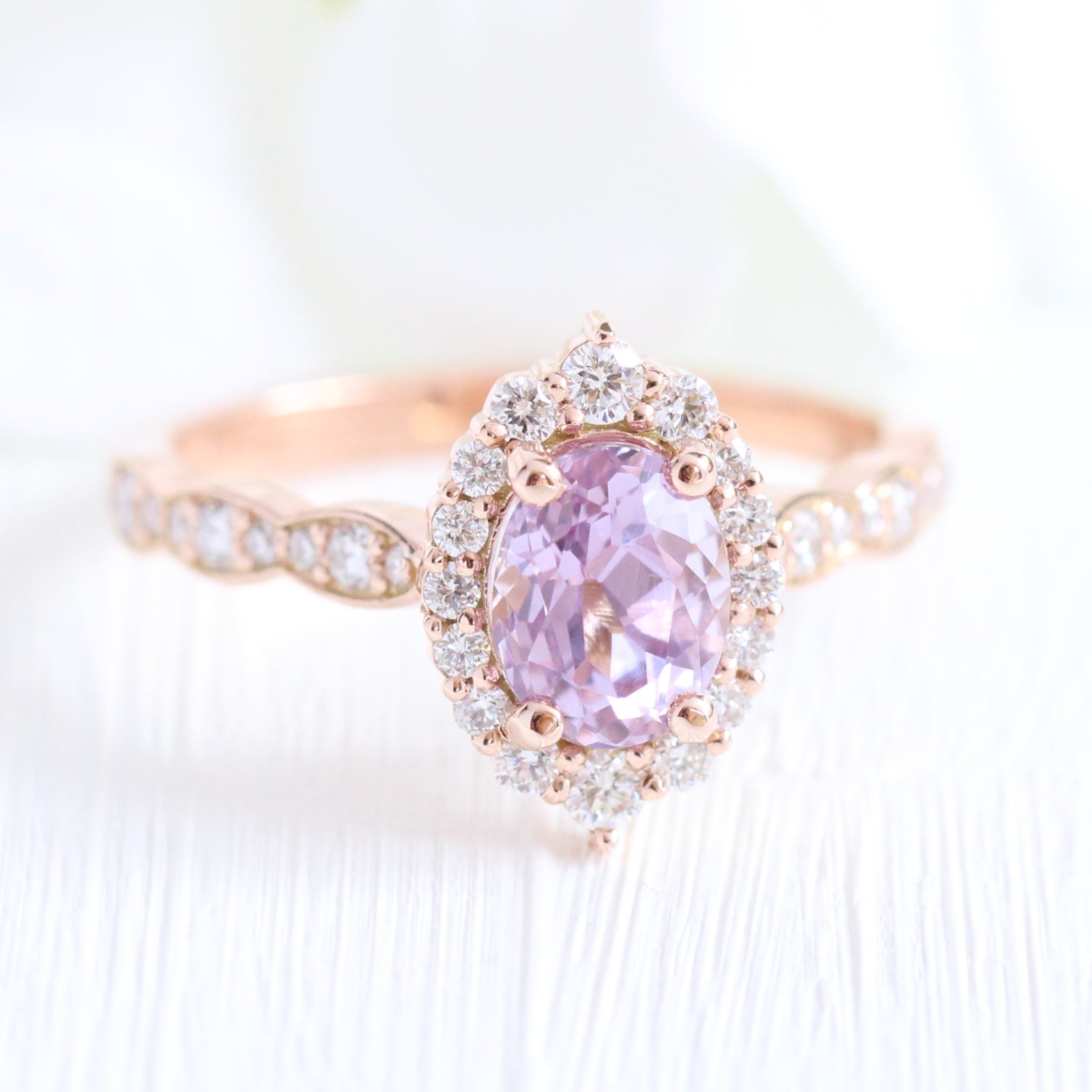 Purple Sapphire Engagement Ring Rose Gold Cluster Diamond Halo Ring by La More Design Jewelry