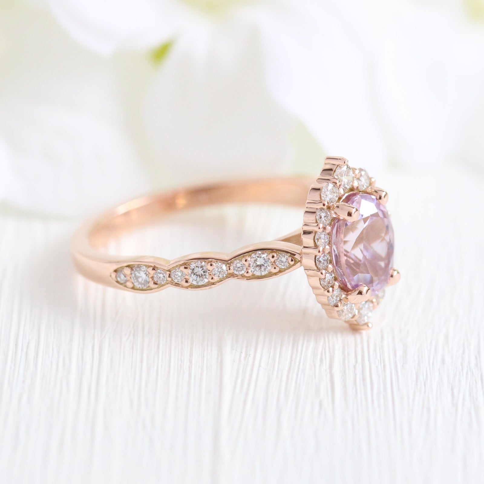 Purple Sapphire Engagement Ring Rose Gold Cluster Diamond Halo Ring by La More Design Jewelry