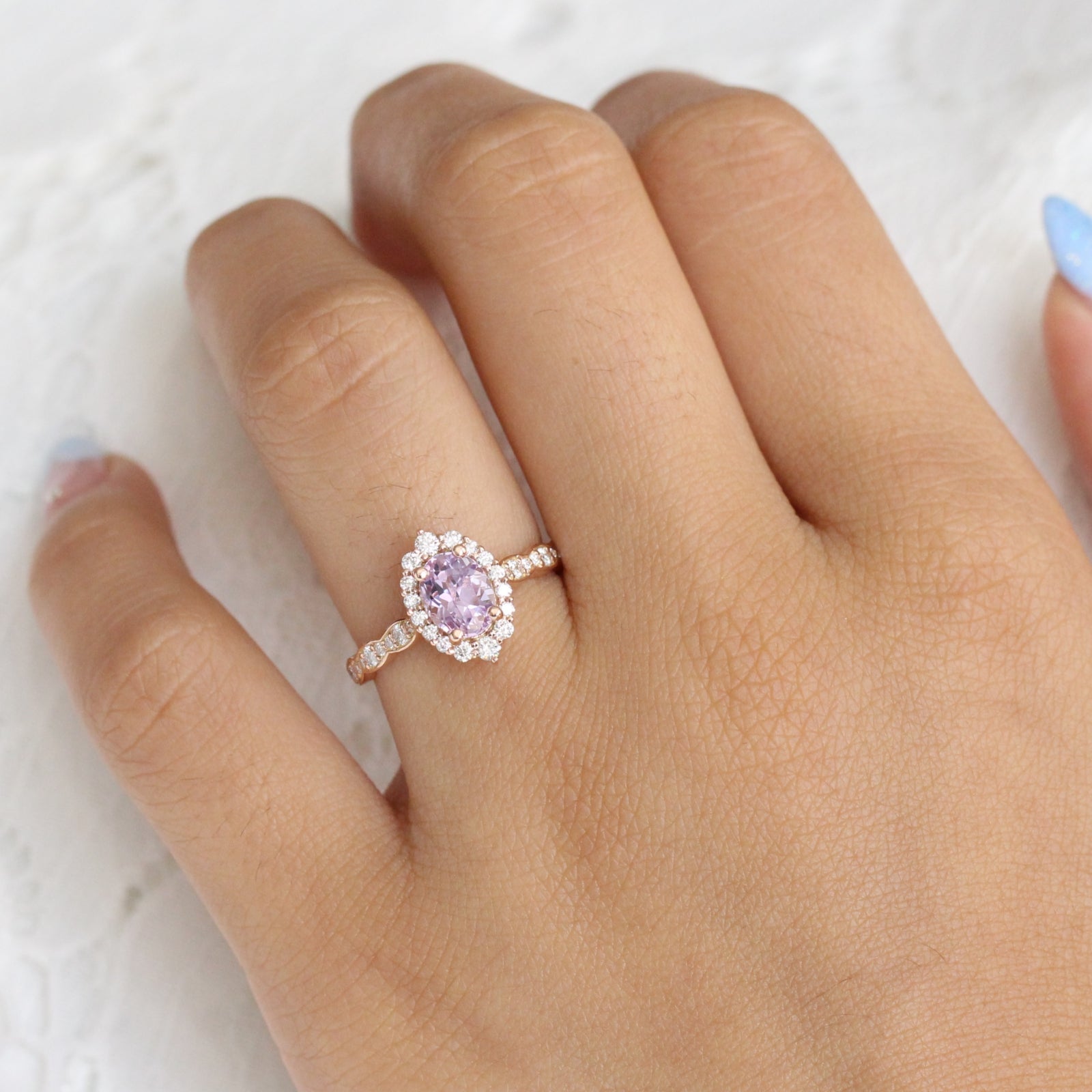 Purple Sapphire Engagement Ring Rose Gold Cluster Diamond Halo Ring by La More Design Jewelry