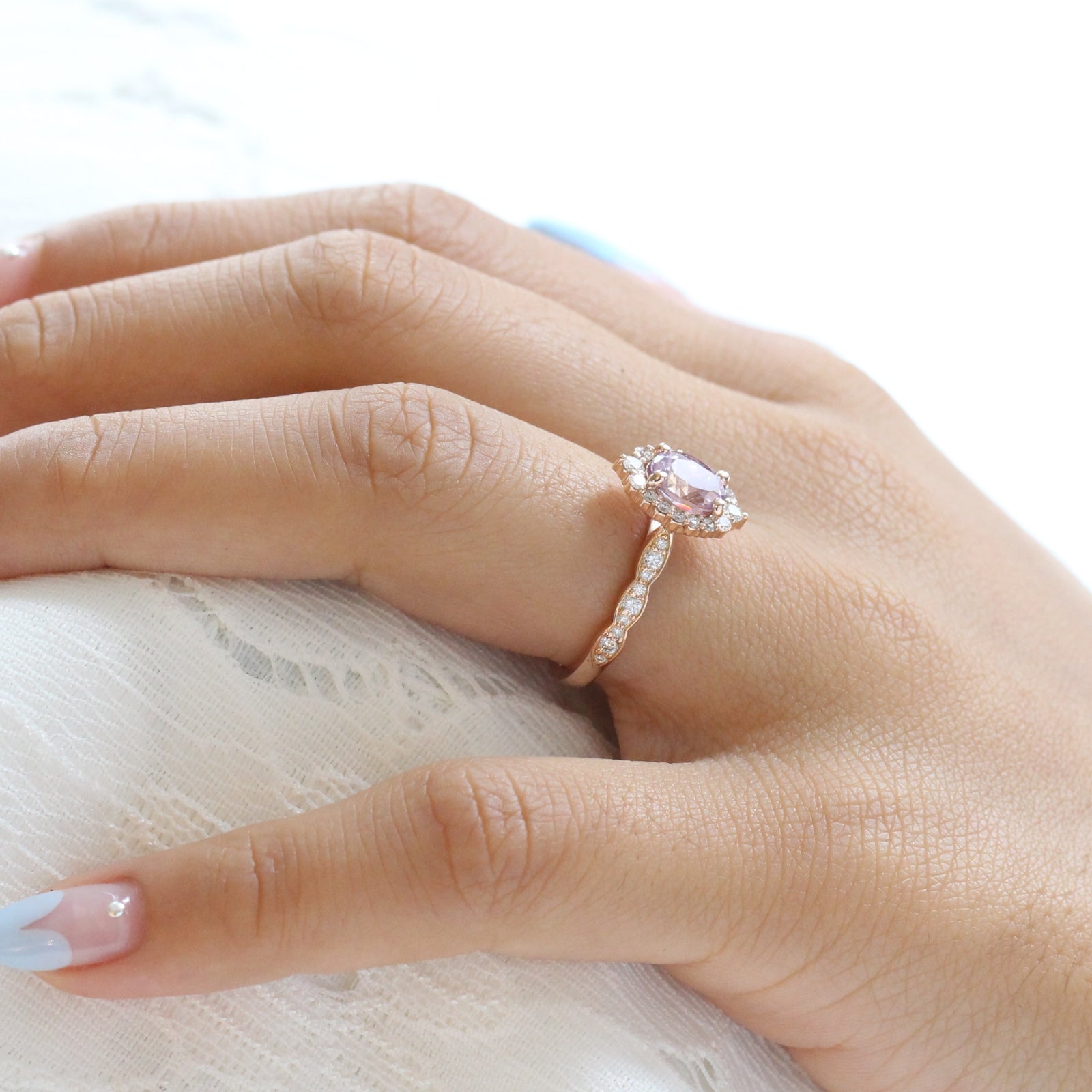 Purple Sapphire Engagement Ring Rose Gold Cluster Diamond Halo Ring by La More Design Jewelry