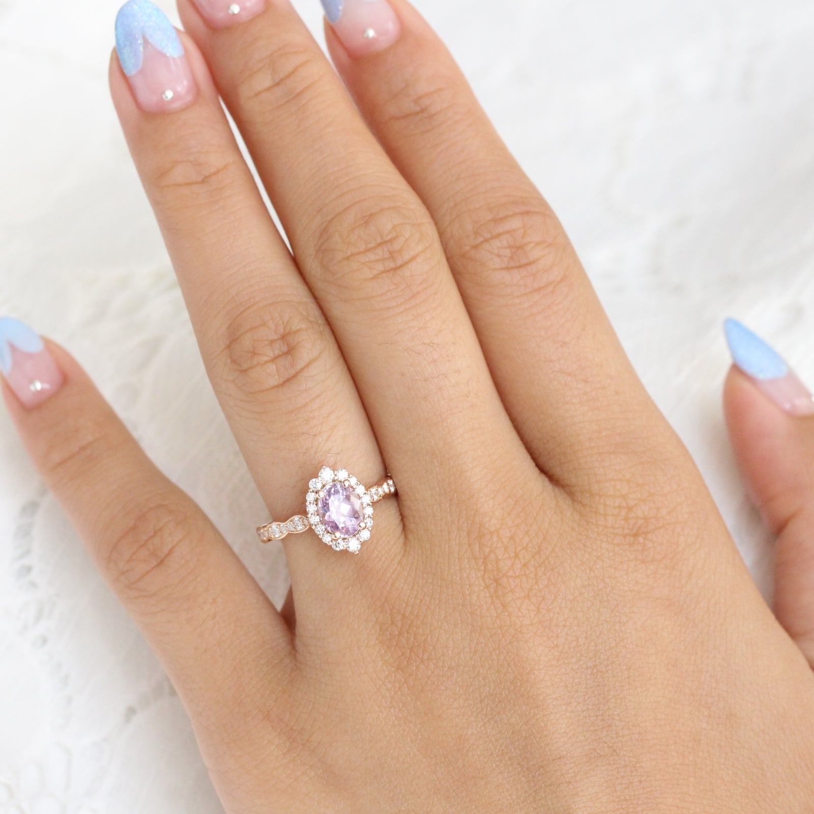 Purple Sapphire Engagement Ring Rose Gold Cluster Diamond Halo Ring by La More Design Jewelry