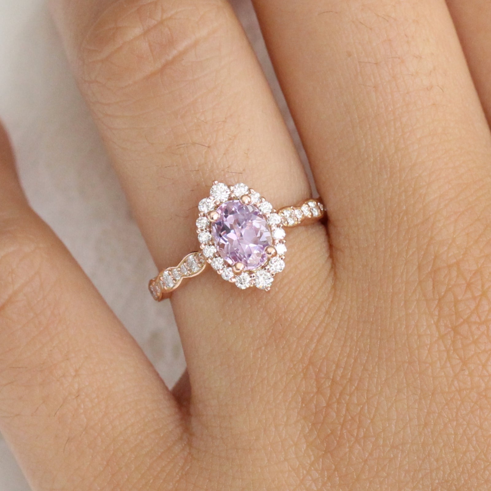 Purple Sapphire Engagement Ring Rose Gold Cluster Diamond Halo Ring by La More Design Jewelry