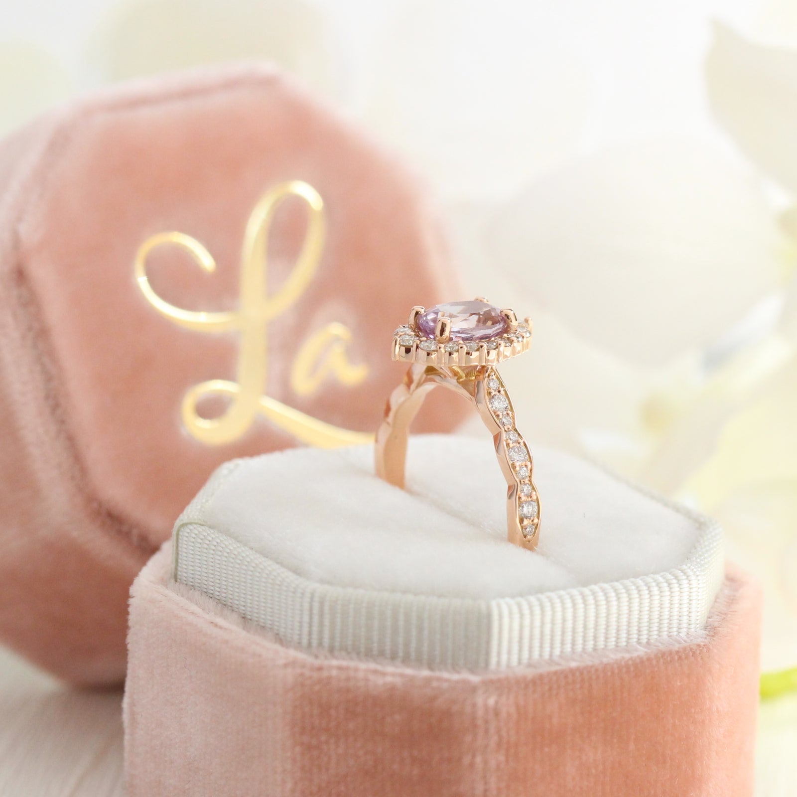 Purple Sapphire Engagement Ring Rose Gold Cluster Diamond Halo Ring by La More Design Jewelry