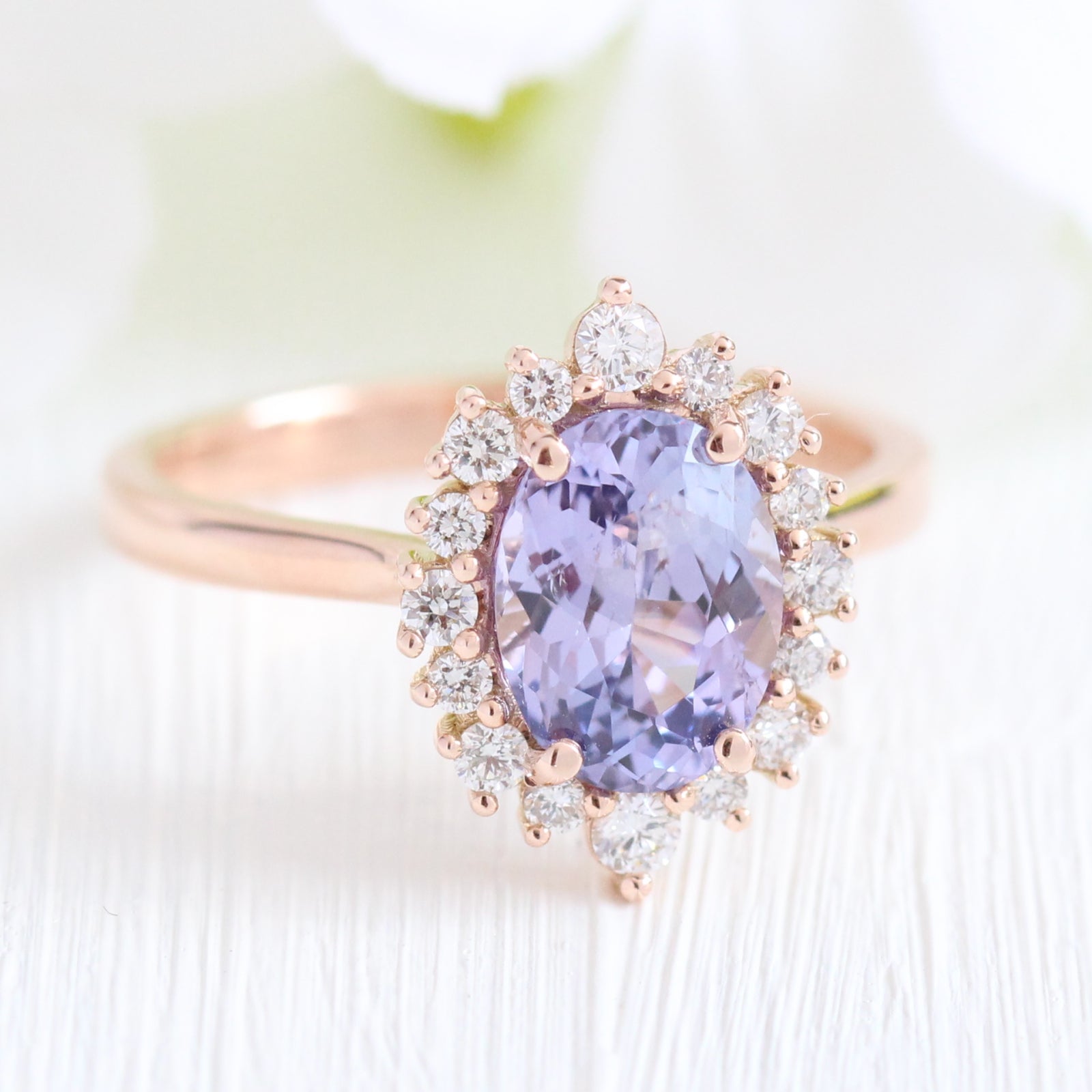 Purple Sapphire Engagement Ring Rose Gold Halo Diamond Cluster Ring by La More Design Jewelry