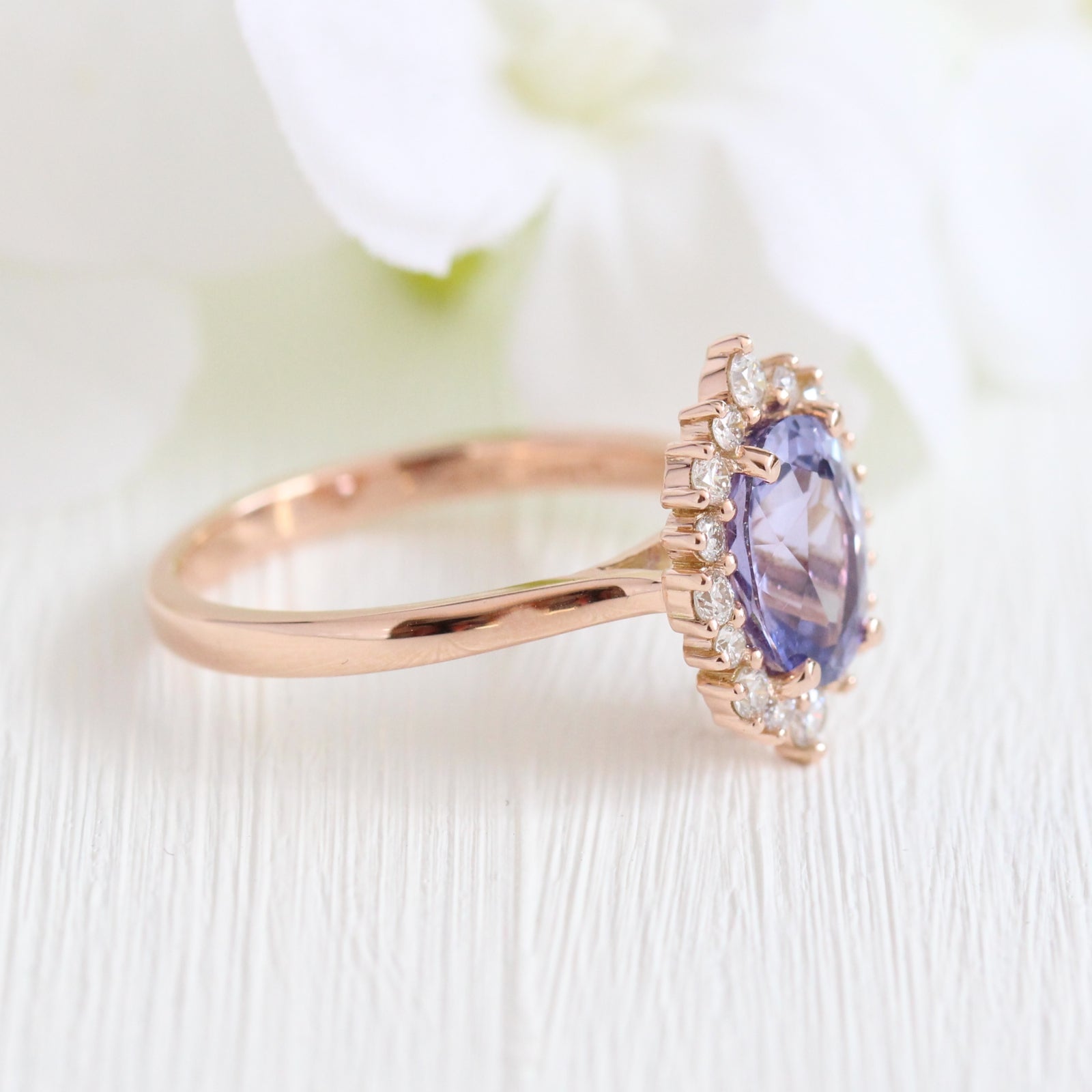 Purple Sapphire Engagement Ring Rose Gold Halo Diamond Cluster Ring by La More Design Jewelry