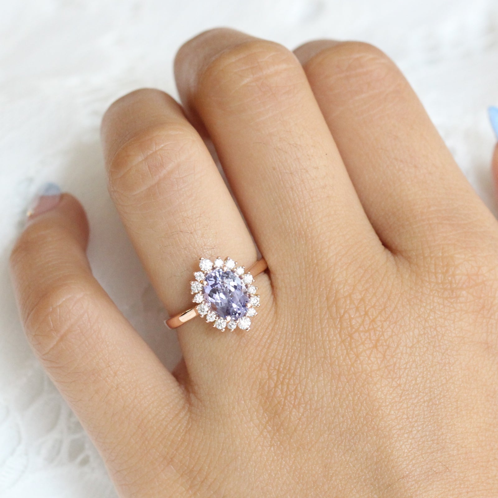 Purple Sapphire Engagement Ring Rose Gold Halo Diamond Cluster Ring by La More Design Jewelry