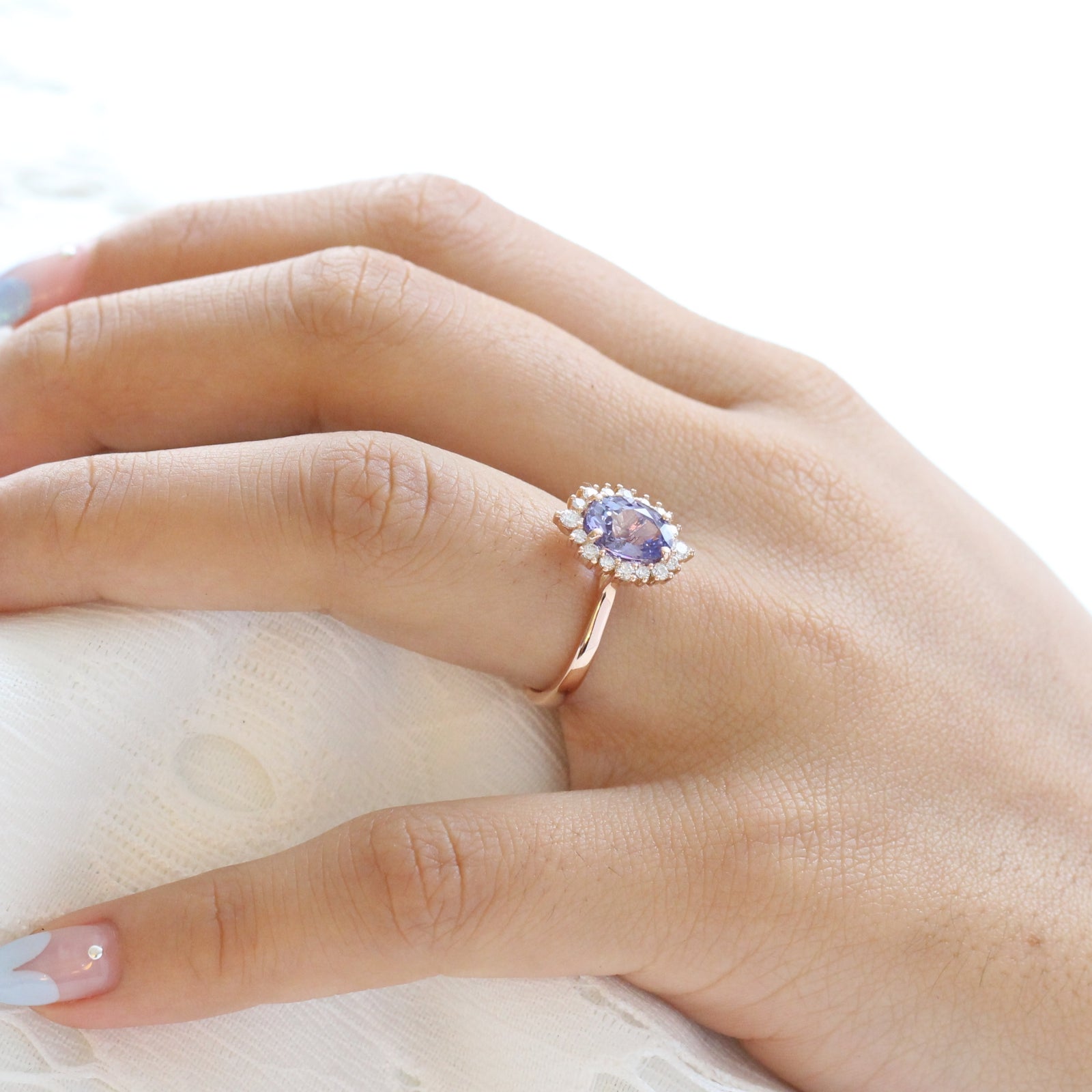 Purple Sapphire Engagement Ring Rose Gold Halo Diamond Cluster Ring by La More Design Jewelry