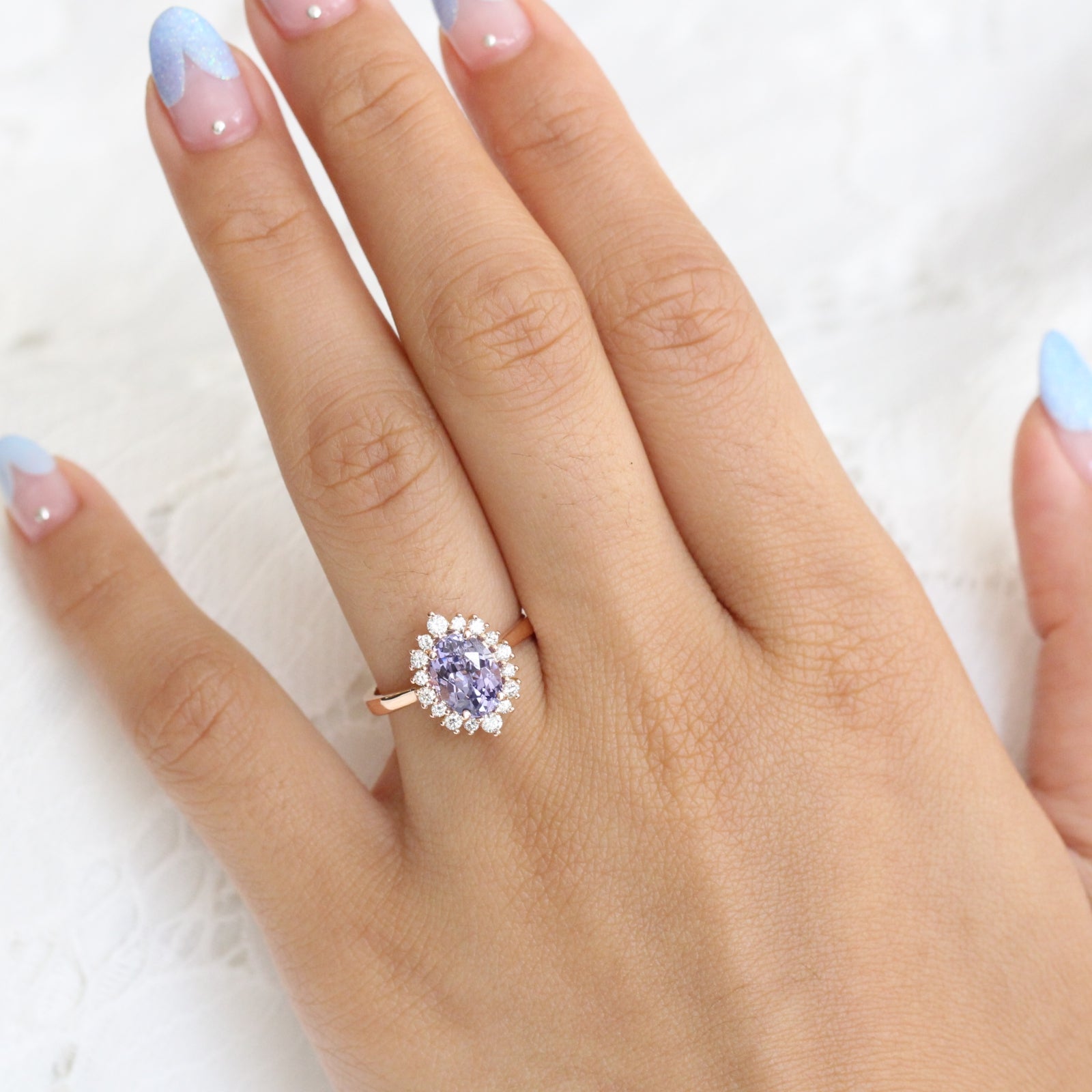 Purple Sapphire Engagement Ring Rose Gold Halo Diamond Cluster Ring by La More Design Jewelry