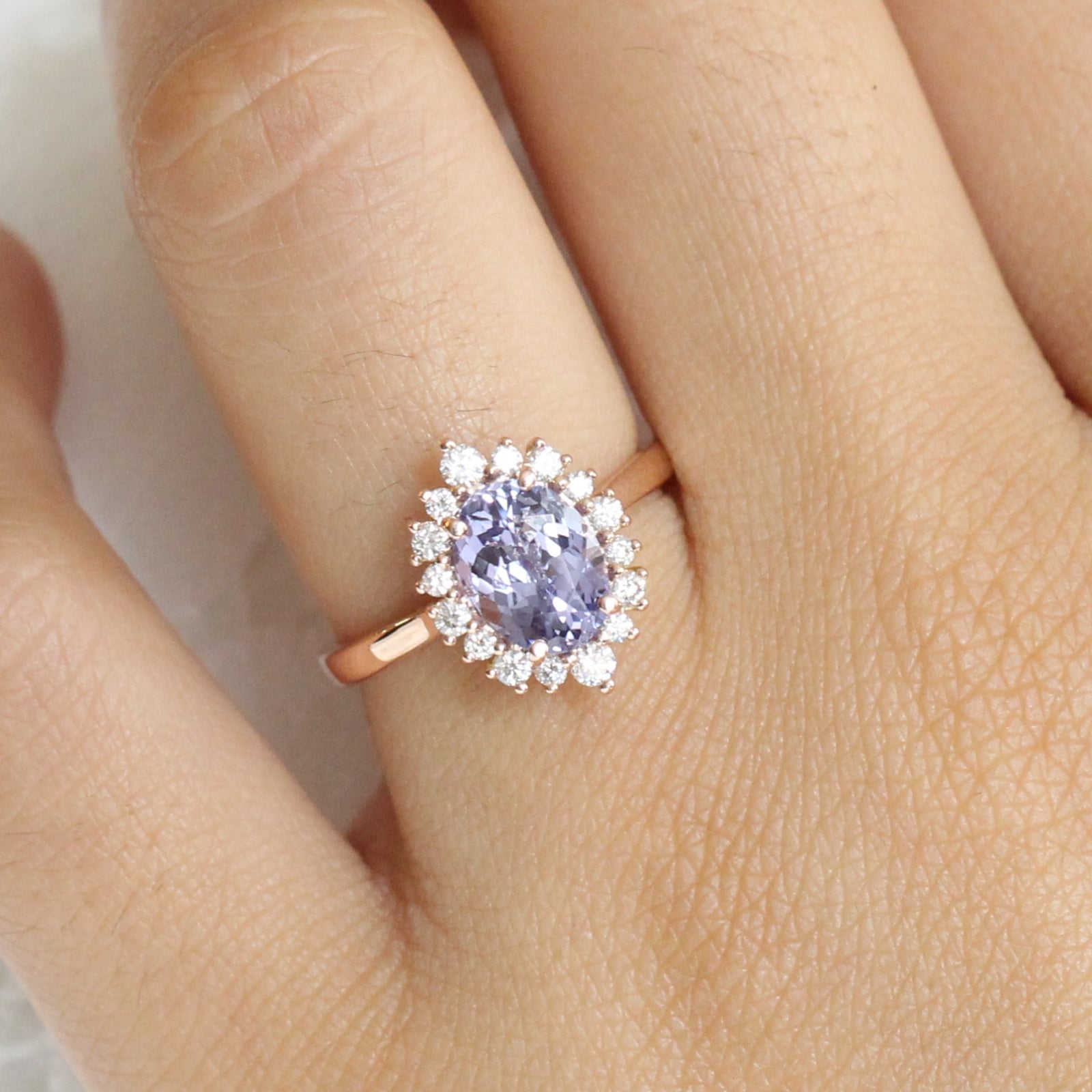 Purple Sapphire Engagement Ring Rose Gold Halo Diamond Cluster Ring by La More Design Jewelry
