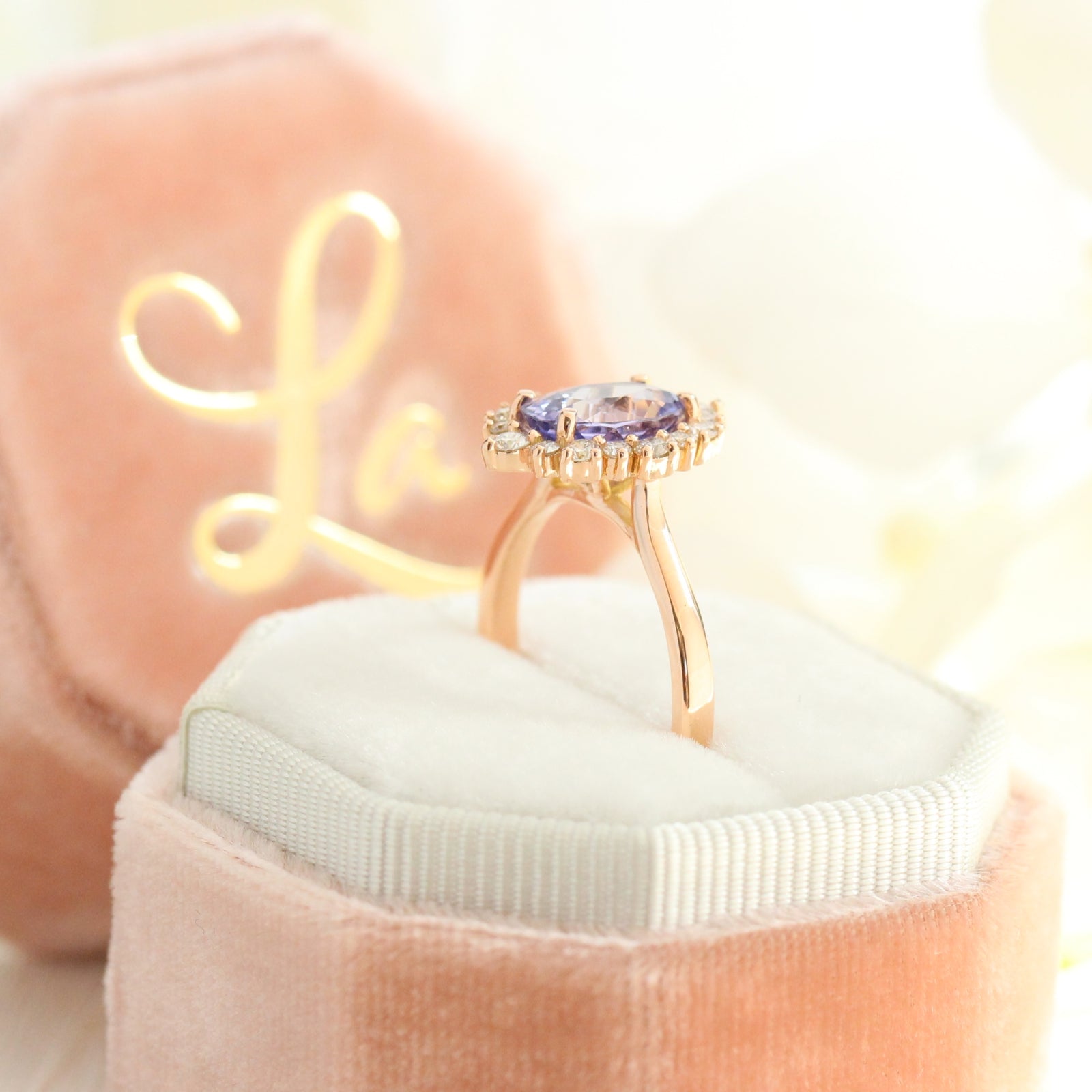 Purple Sapphire Engagement Ring Rose Gold Halo Diamond Cluster Ring by La More Design Jewelry