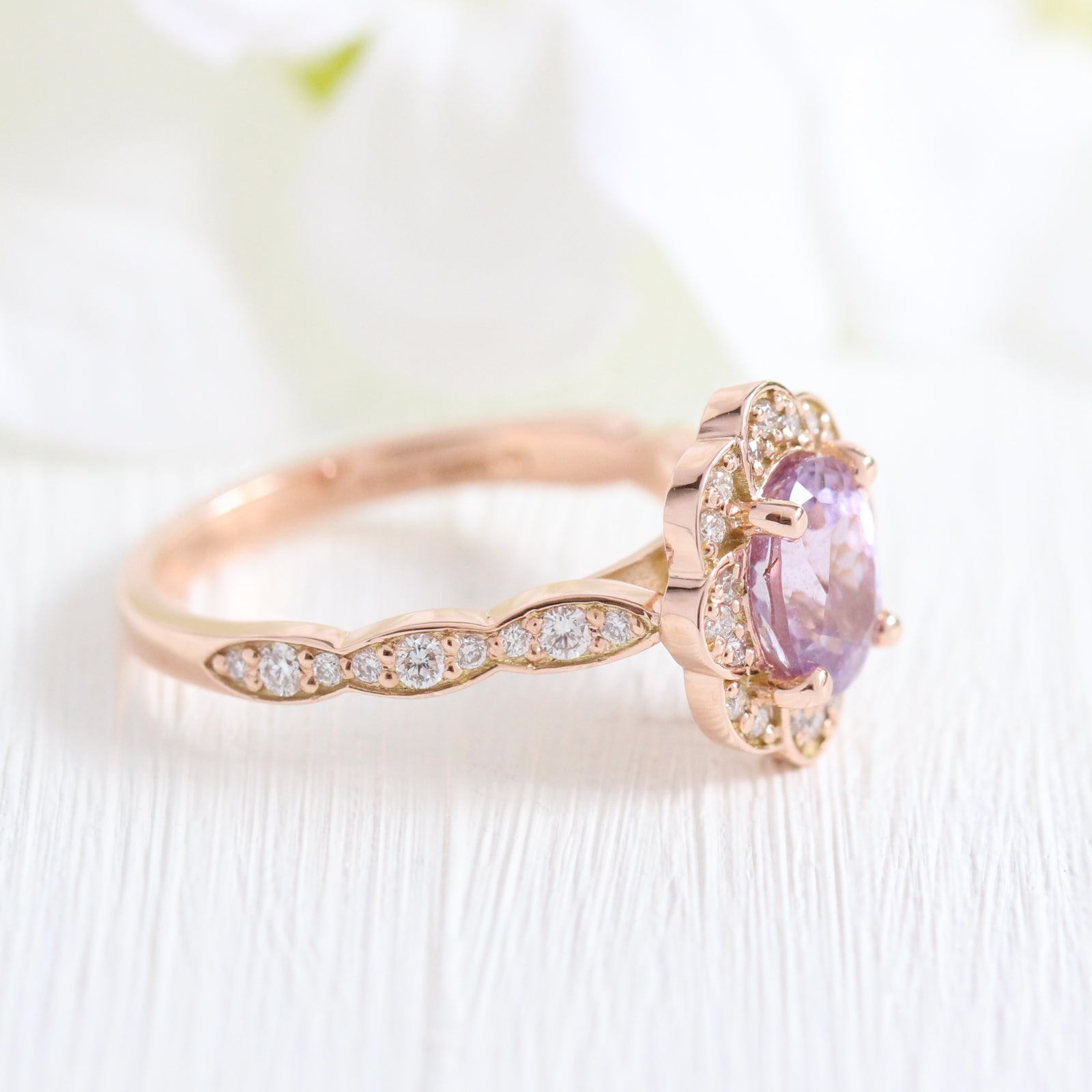 Purple Sapphire Engagement Ring Rose Gold Vintage Floral Diamond Ring by La More Design Jewelry