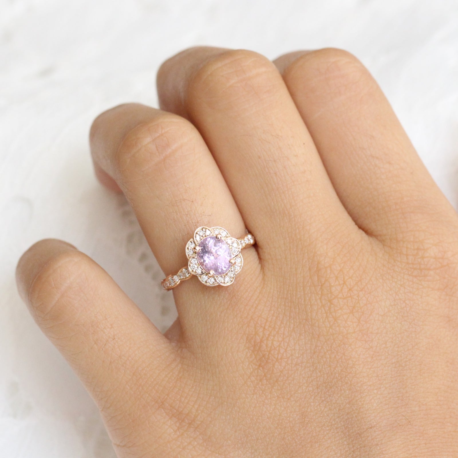 Purple Sapphire Engagement Ring Rose Gold Vintage Floral Diamond Ring by La More Design Jewelry