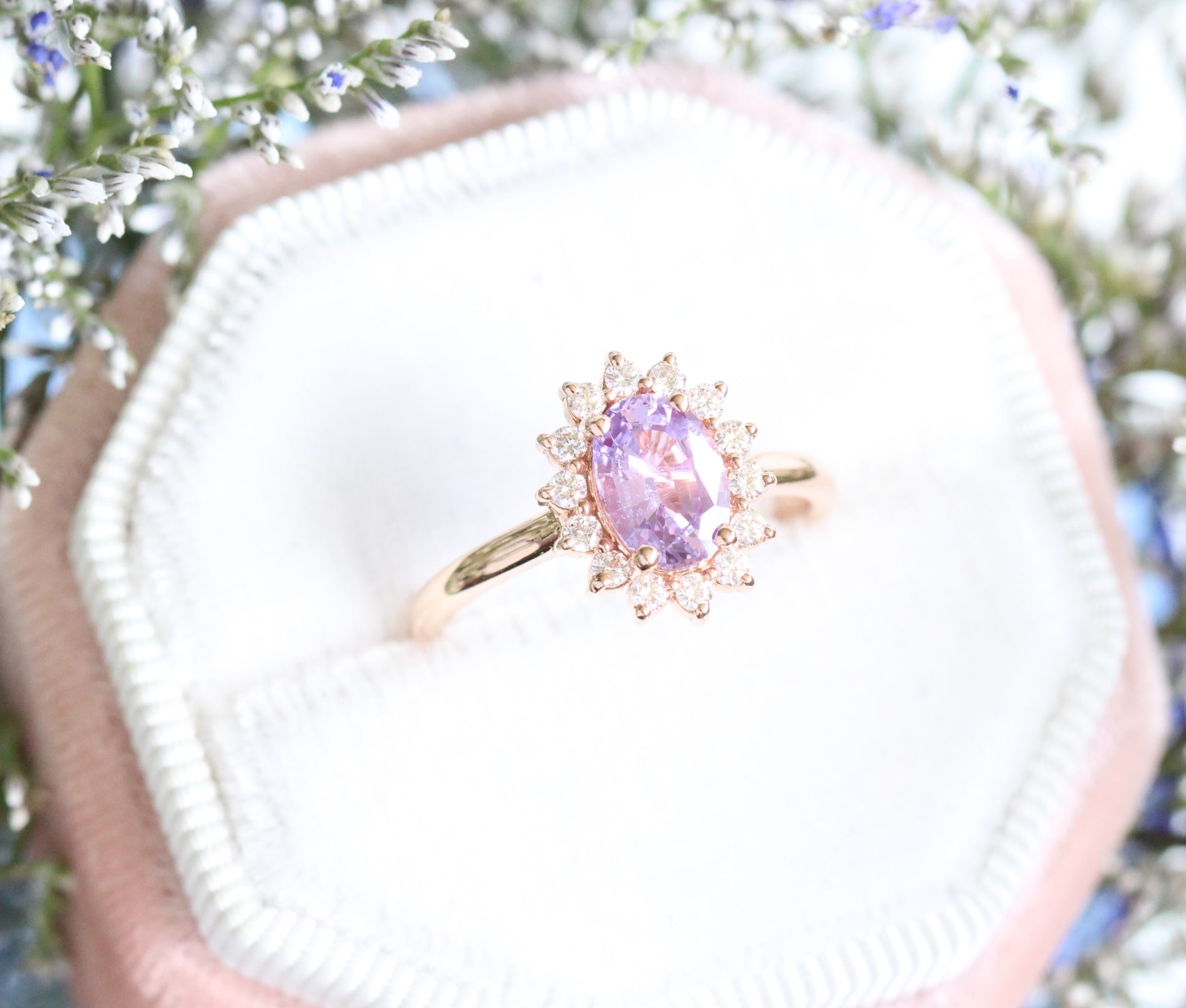 Purple Sapphire Engagement Ring in Rose Gold Halo Diamond Cluster Ring by La More Design Jewelry