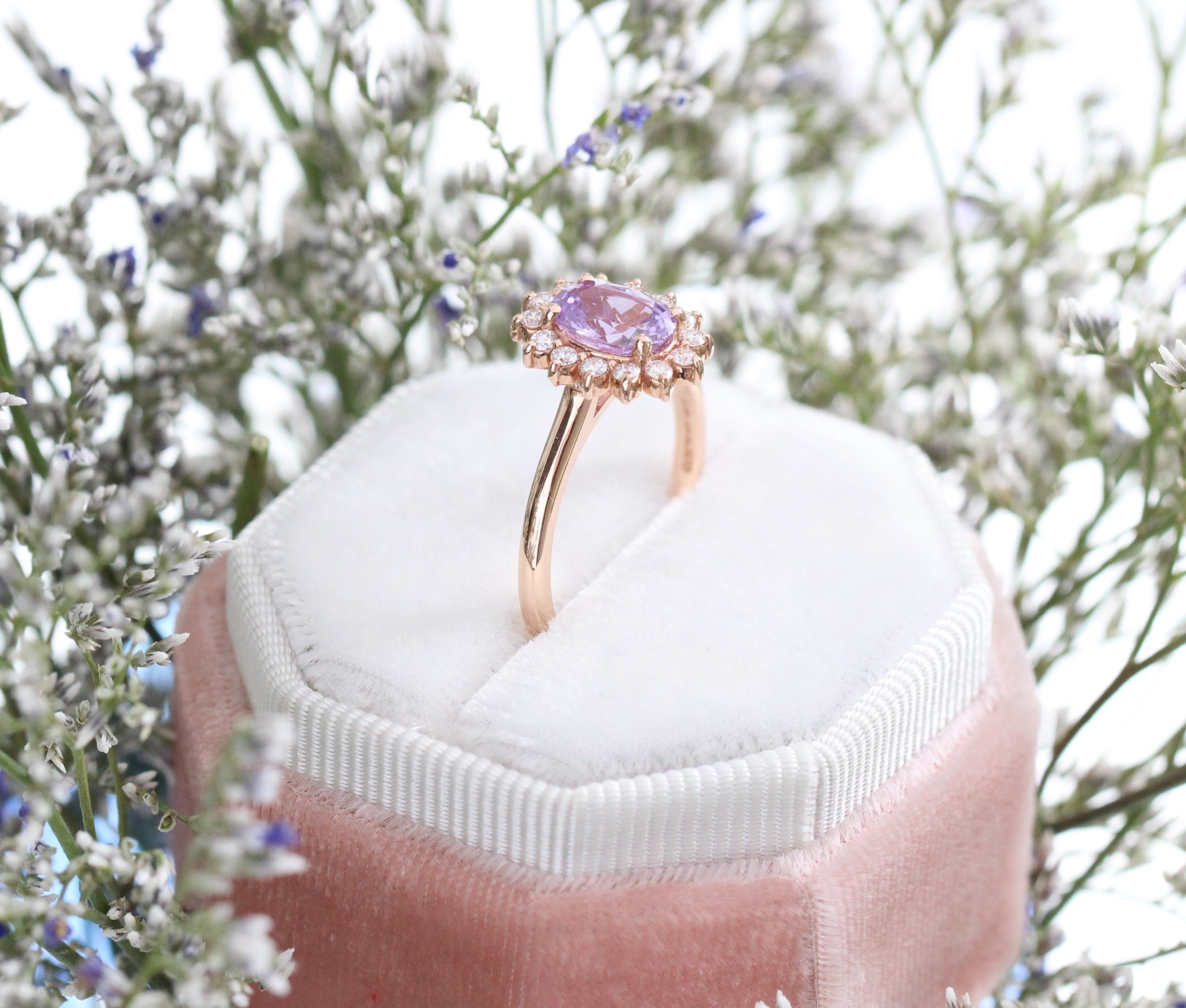 Purple Sapphire Engagement Ring in Rose Gold Halo Diamond Cluster Ring by La More Design Jewelry