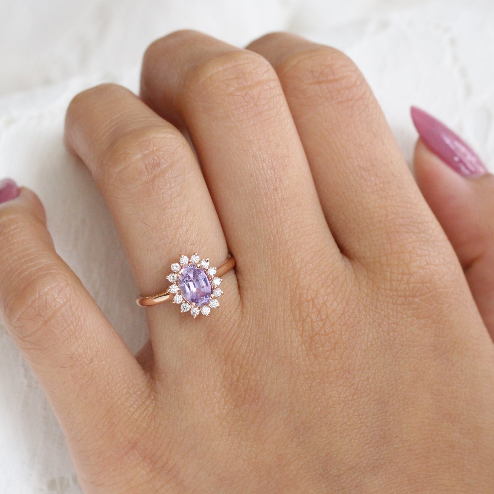 Purple Sapphire Engagement Ring in Rose Gold Halo Diamond Cluster Ring by La More Design Jewelry