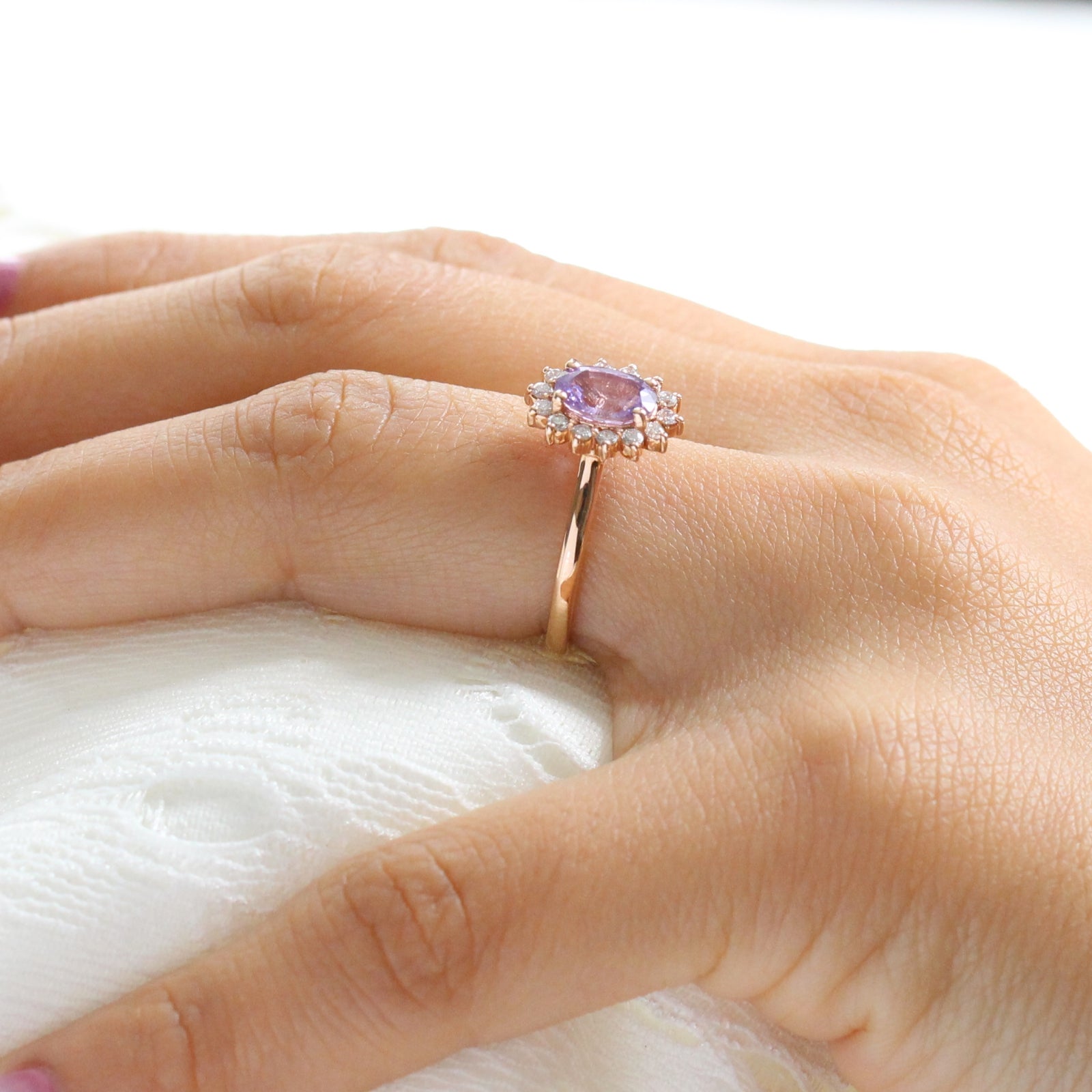 Purple Sapphire Engagement Ring in Rose Gold Halo Diamond Cluster Ring by La More Design Jewelry
