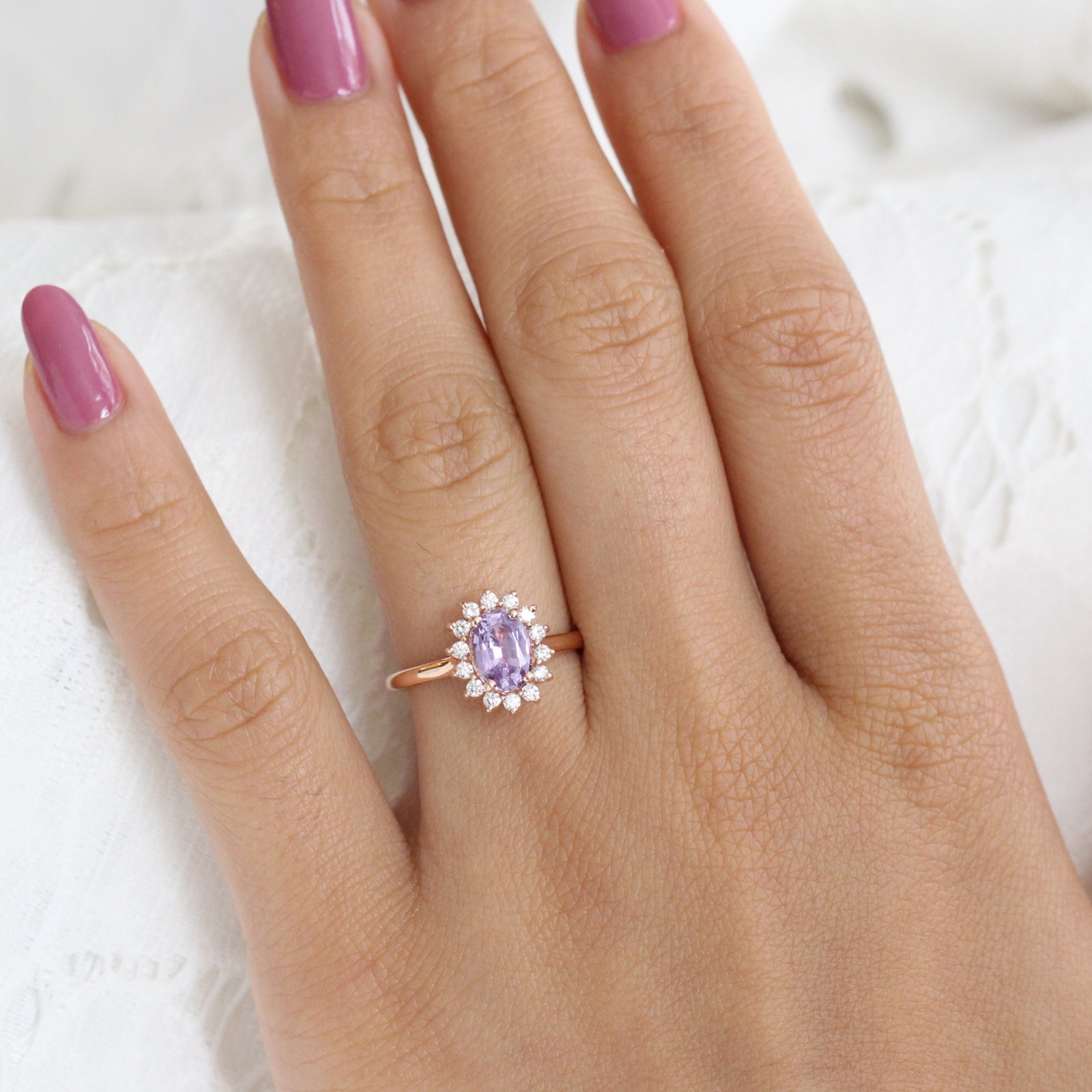 Purple Sapphire Engagement Ring in Rose Gold Halo Diamond Cluster Ring by La More Design Jewelry