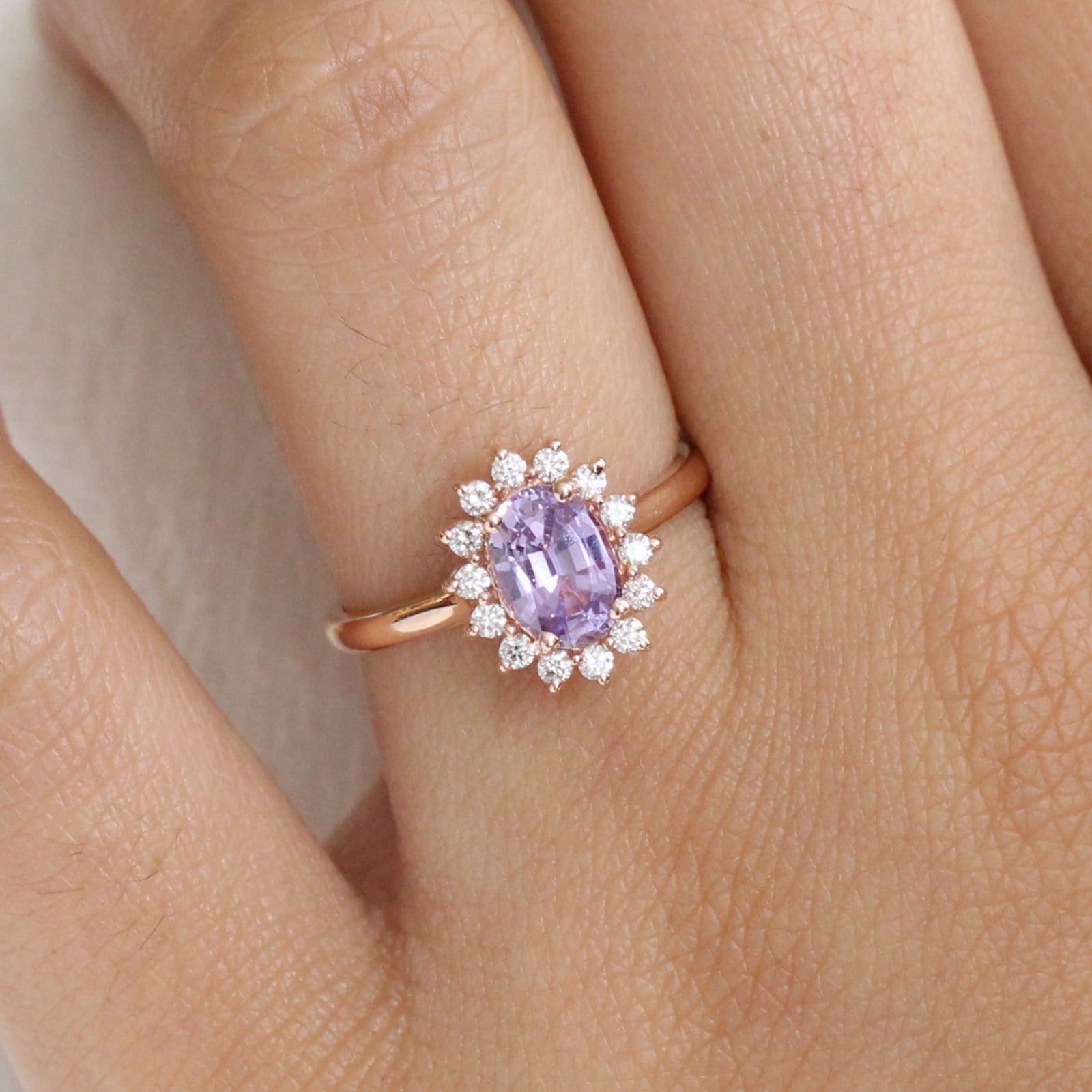 Purple Sapphire Engagement Ring in Rose Gold Halo Diamond Cluster Ring by La More Design Jewelry