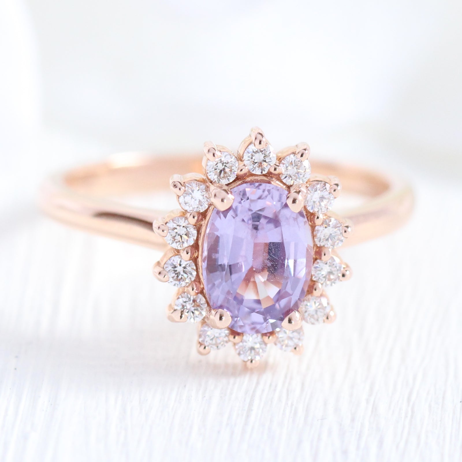 Purple Sapphire Engagement Ring in Rose Gold Halo Diamond Cluster Ring by La More Design Jewelry