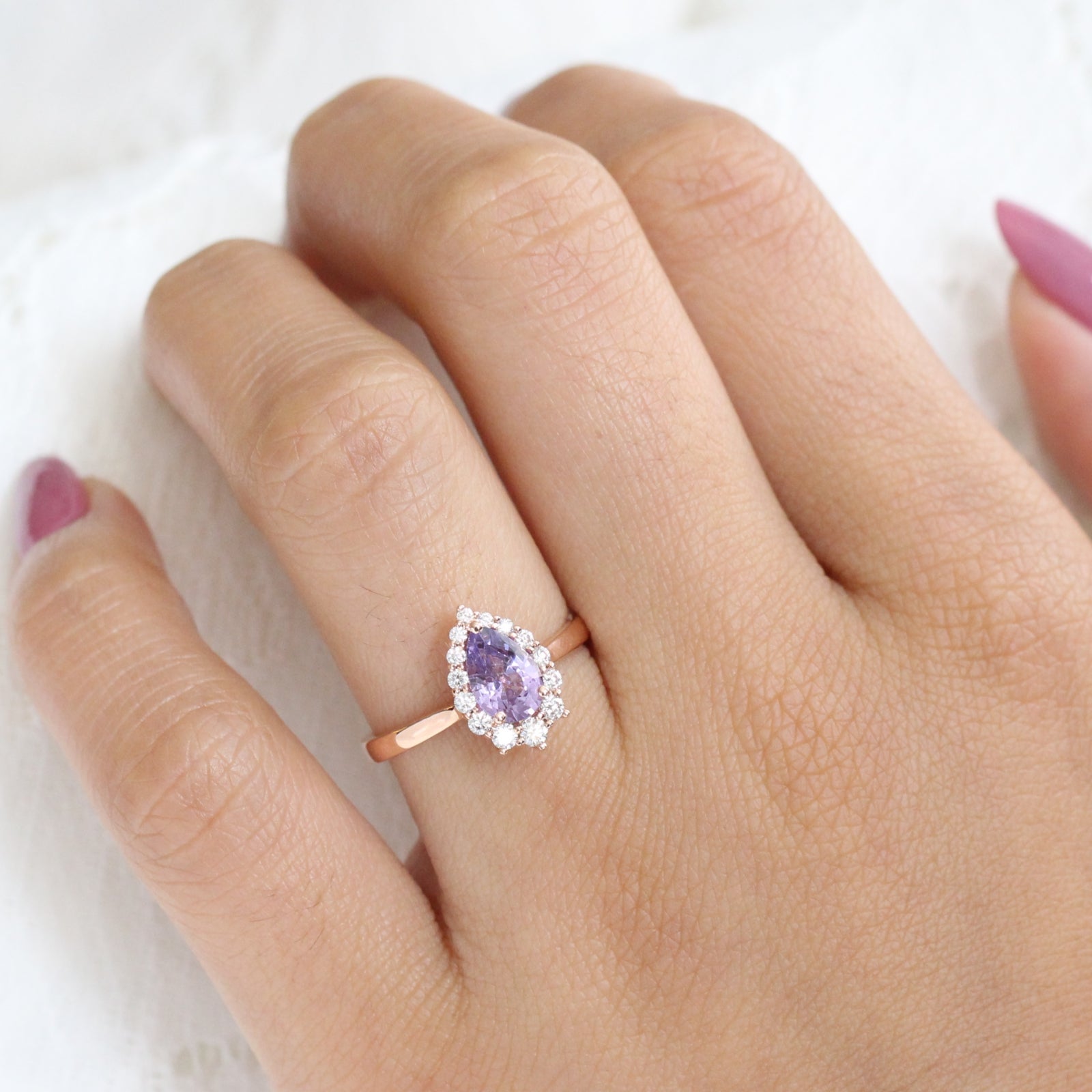 Purple Sapphire Engagement Ring in Rose Gold Halo Diamond Pear Ring by La More Design Jewelry