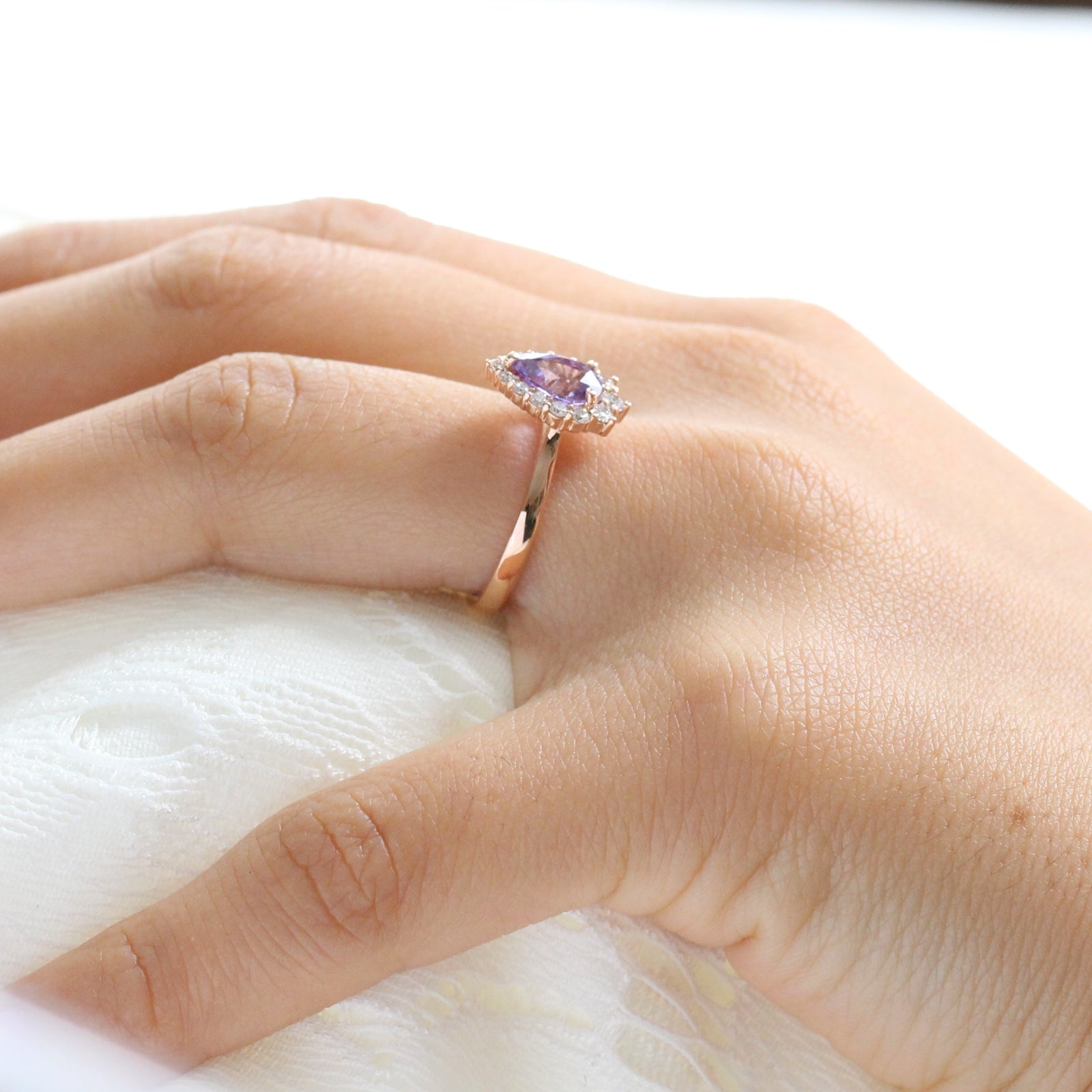 Purple Sapphire Engagement Ring in Rose Gold Halo Diamond Pear Ring by La More Design Jewelry