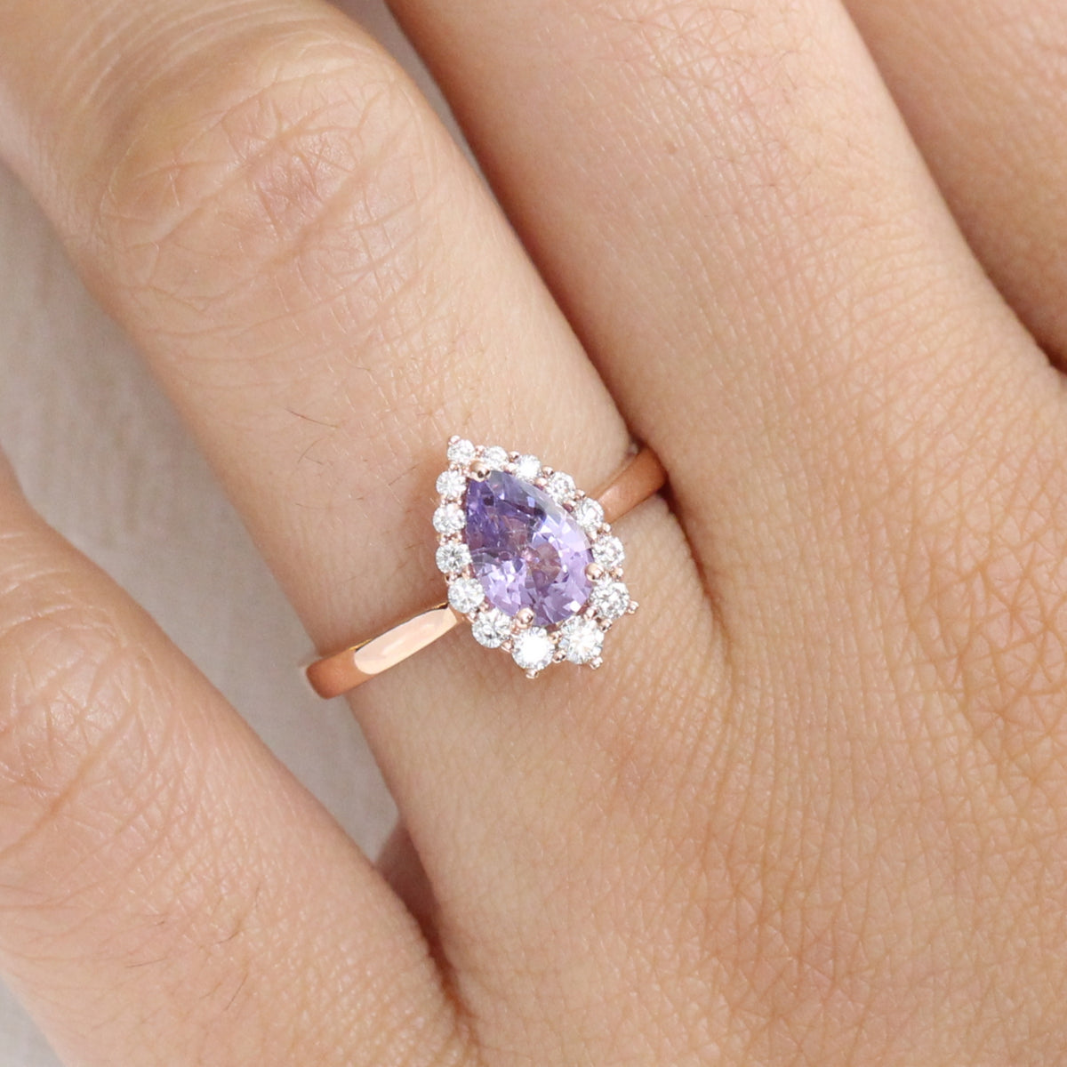 Purple Sapphire Engagement Ring in Rose Gold Halo Diamond Pear Ring by La More Design Jewelry