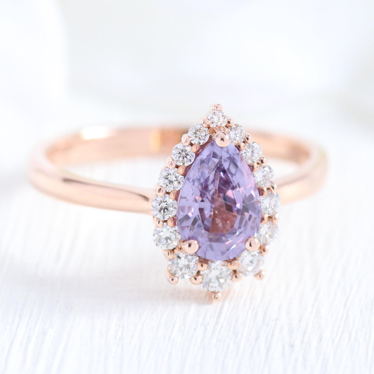 Purple Sapphire Engagement Ring in Rose Gold Halo Diamond Pear Ring by La More Design Jewelry