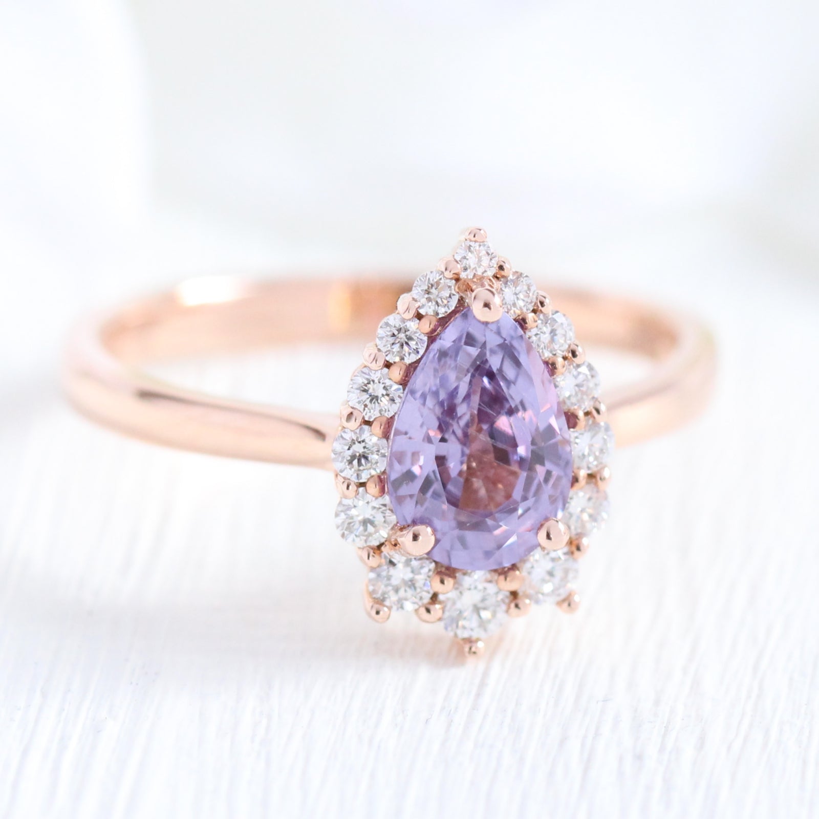 Purple Sapphire Engagement Ring Rose Gold Halo Diamond Pear Ring