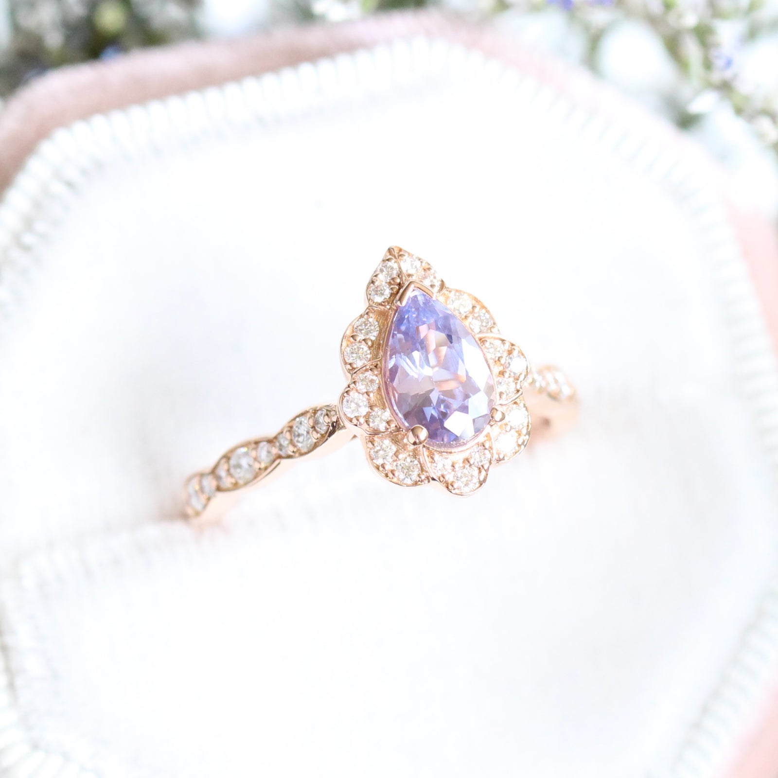 Purple Sapphire Engagement Ring in Rose Gold Vintage Floral Pear Diamond Ring by La More Design Jewelry