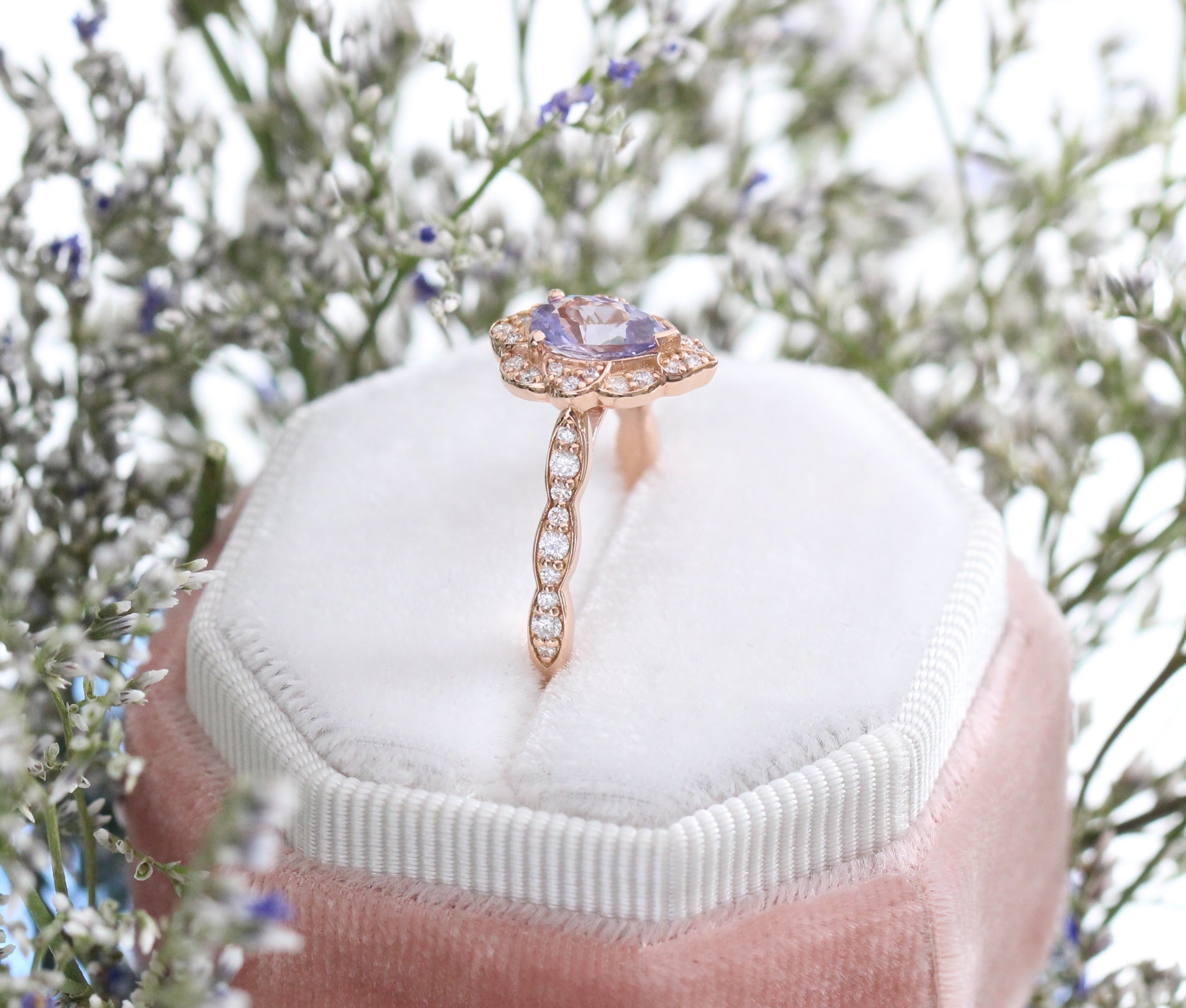 Purple Sapphire Engagement Ring in Rose Gold Vintage Floral Pear Diamond Ring by La More Design Jewelry