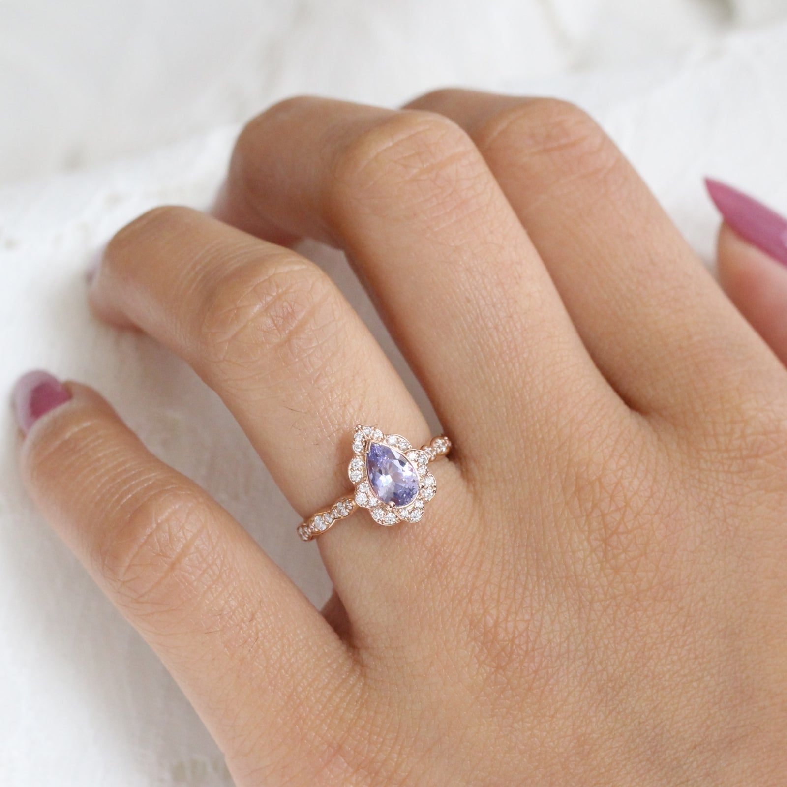Purple Sapphire Engagement Ring in Rose Gold Vintage Floral Pear Diamond Ring by La More Design Jewelry