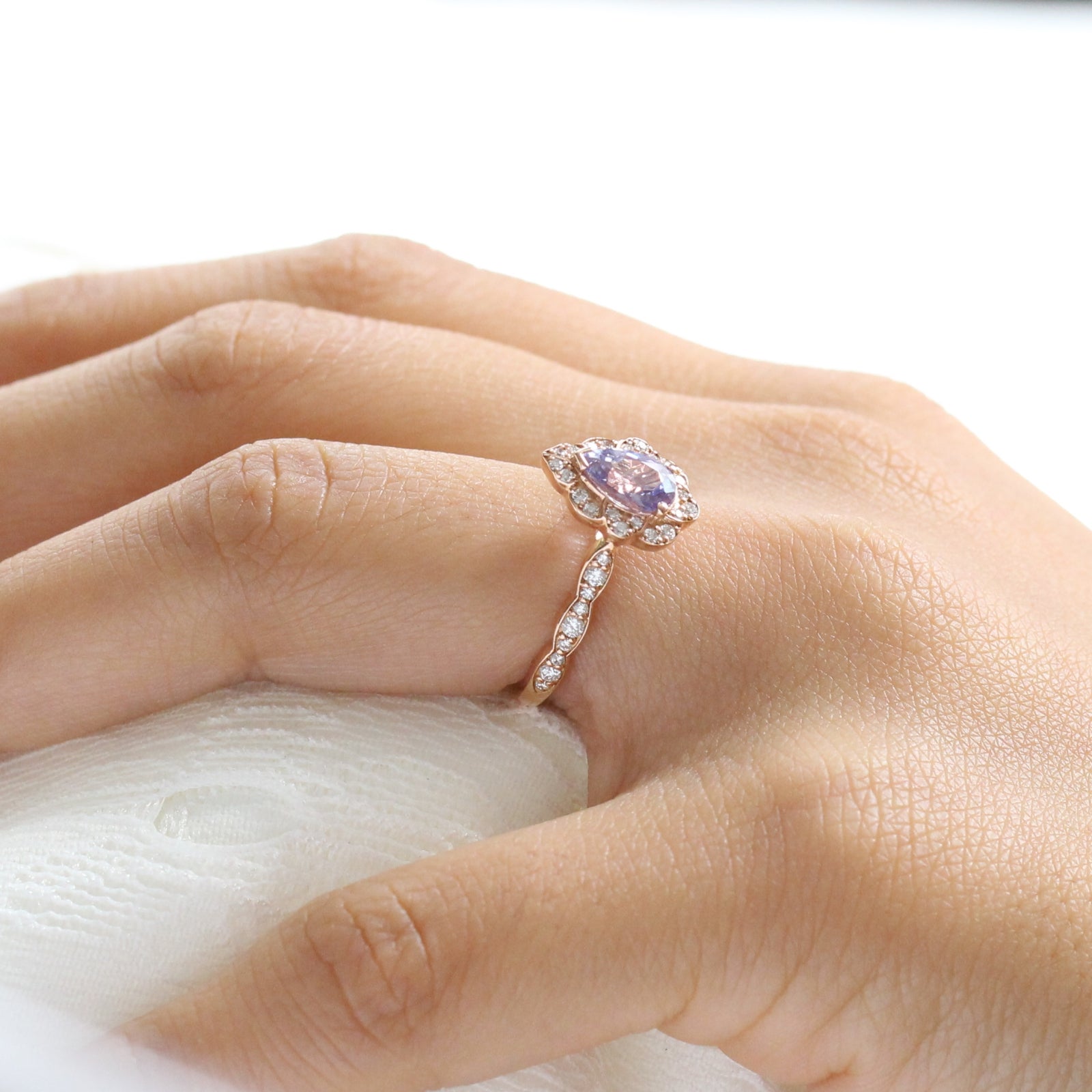 Purple Sapphire Engagement Ring in Rose Gold Vintage Floral Pear Diamond Ring by La More Design Jewelry
