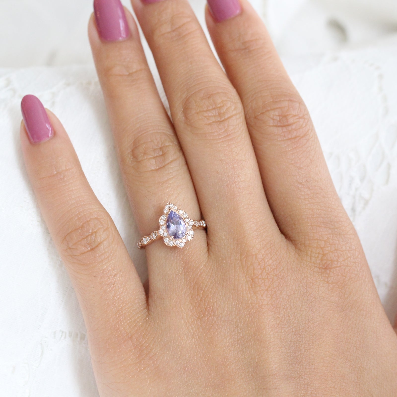 Purple Sapphire Engagement Ring in Rose Gold Vintage Floral Pear Diamond Ring by La More Design Jewelry