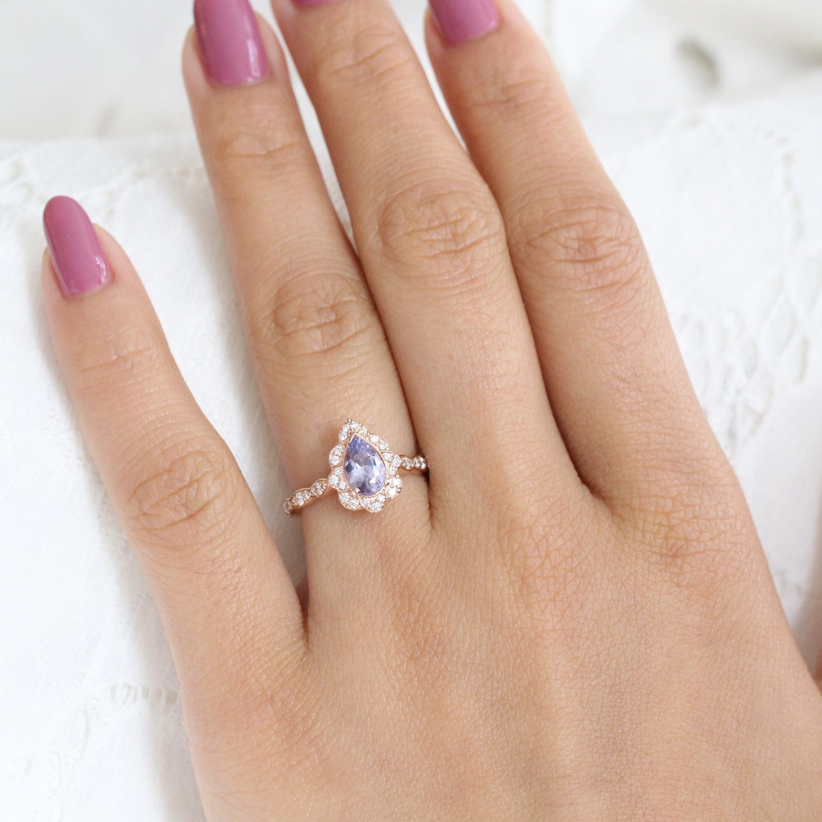 Pink Purple Sapphire Diamond Engagement Ring Gold 3 Stone Pear Ring