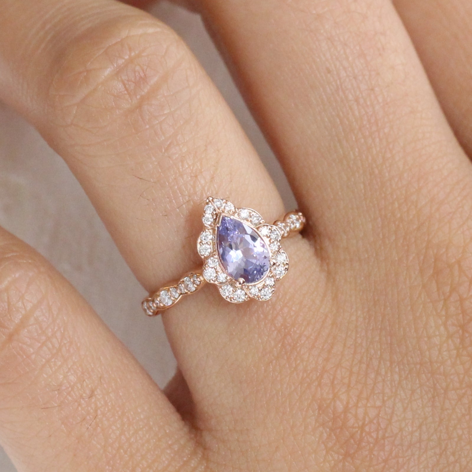 Purple Sapphire Engagement Ring in Rose Gold Vintage Floral Pear Diamond Ring by La More Design Jewelry