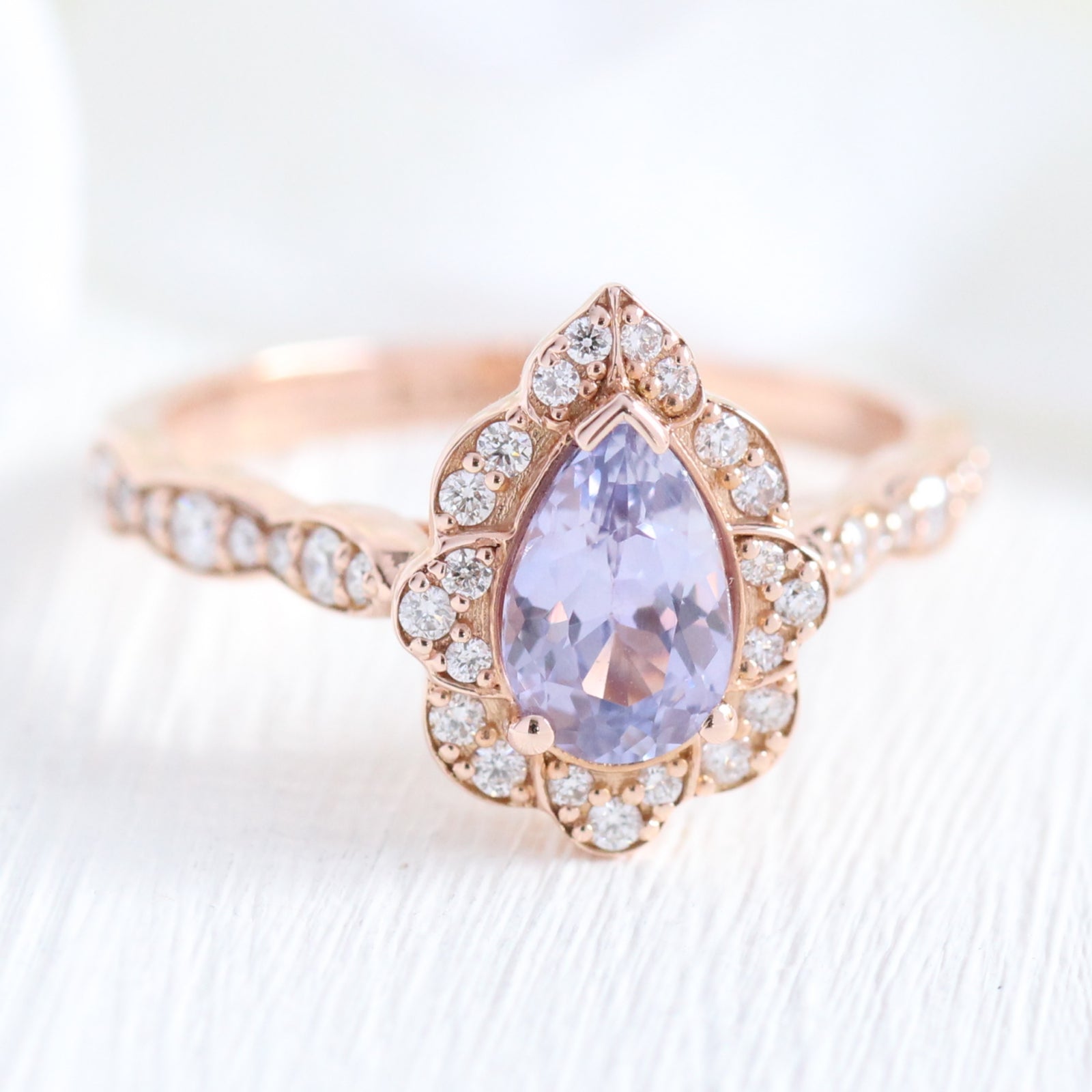 Purple Sapphire Engagement Ring in Rose Gold Vintage Floral Pear Diamond Ring by La More Design Jewelry