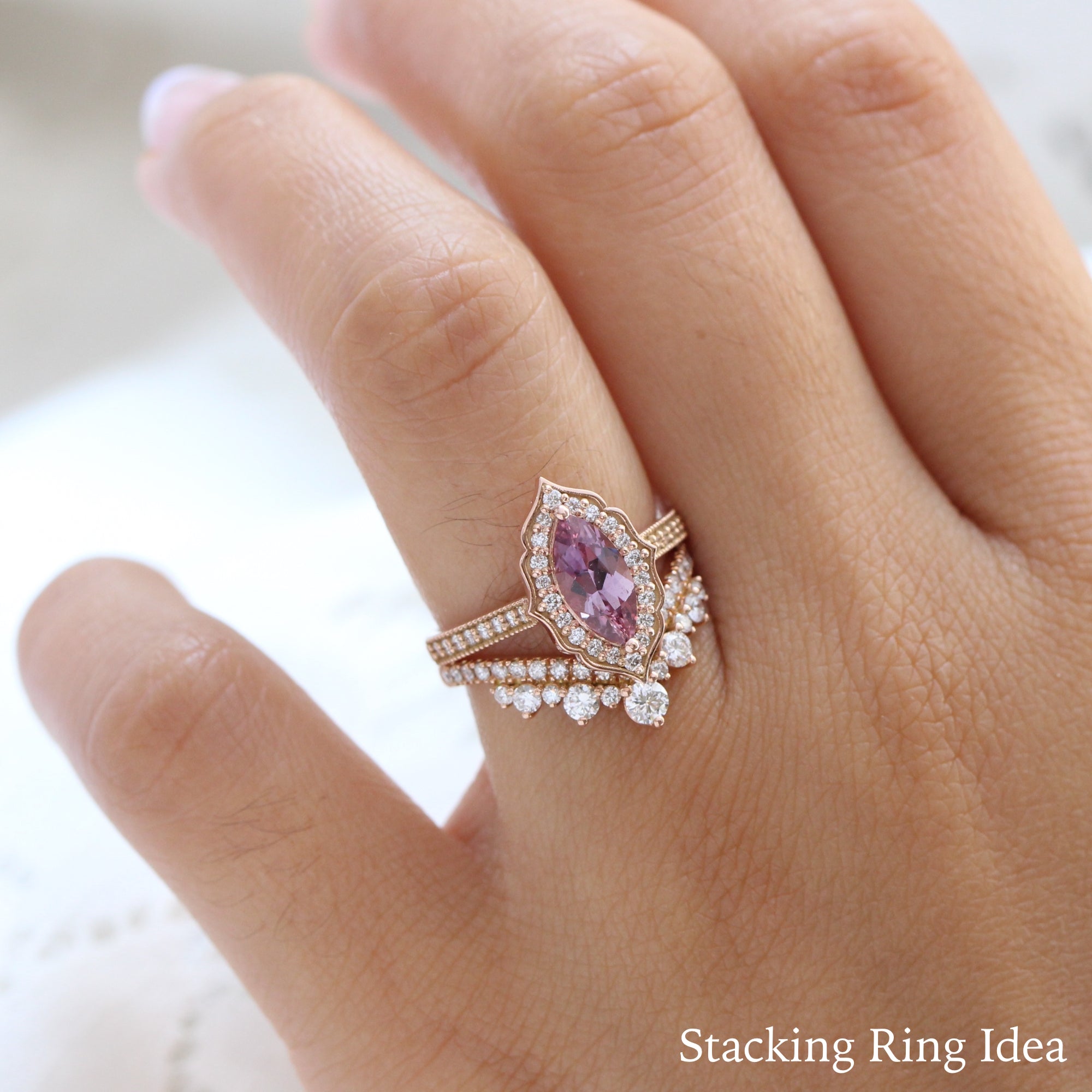 Purple Pink Sapphire Diamond Engagement Ring Rose Gold Marquise Ring