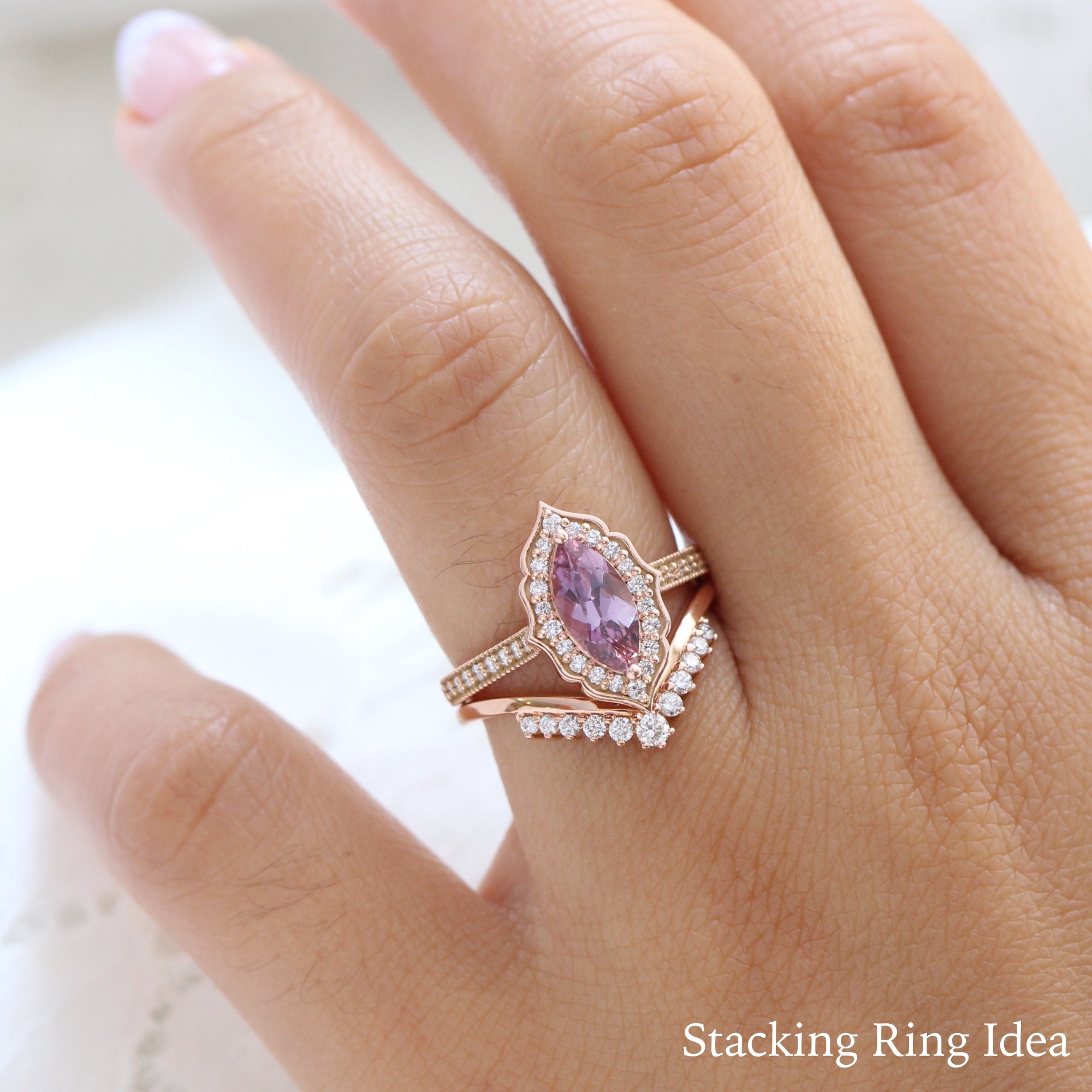 Purple pink sapphire ring rose gold marquise engagement ring la more design jewelry