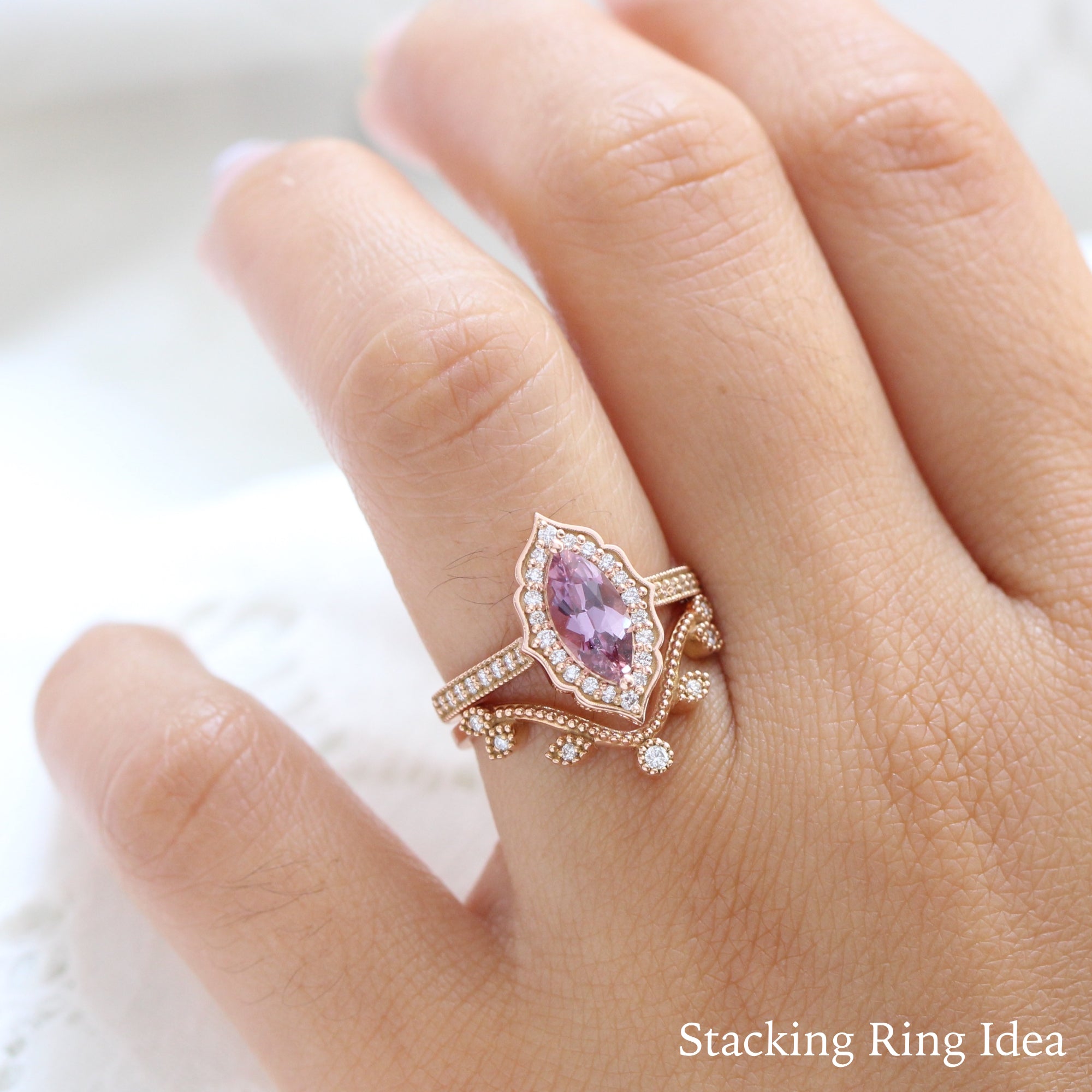 Marquise Purplish Pink Sapphire Ring in 14k Rose Gold Vintage Floral Diamond Ring, Size 6.25