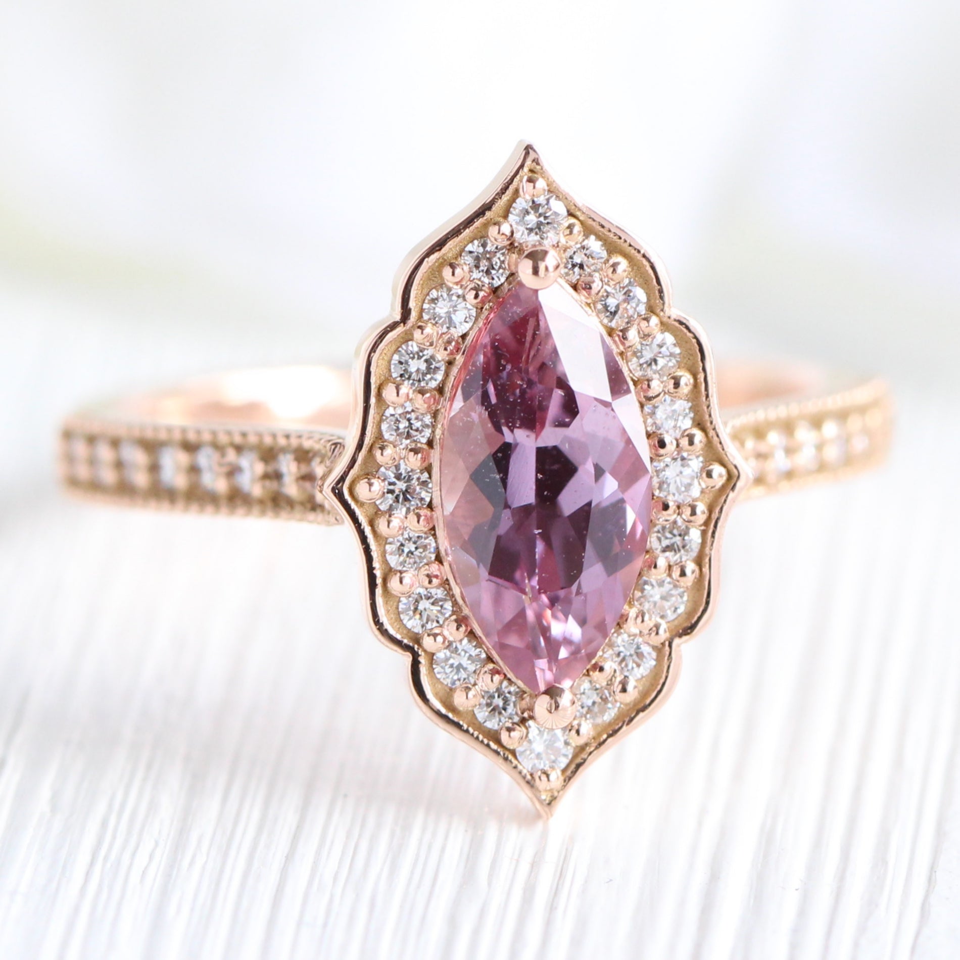 Heart Shaped Pink Sapphire & Diamond Halo Engagement Ring 14k Rose Gold  1.50ct