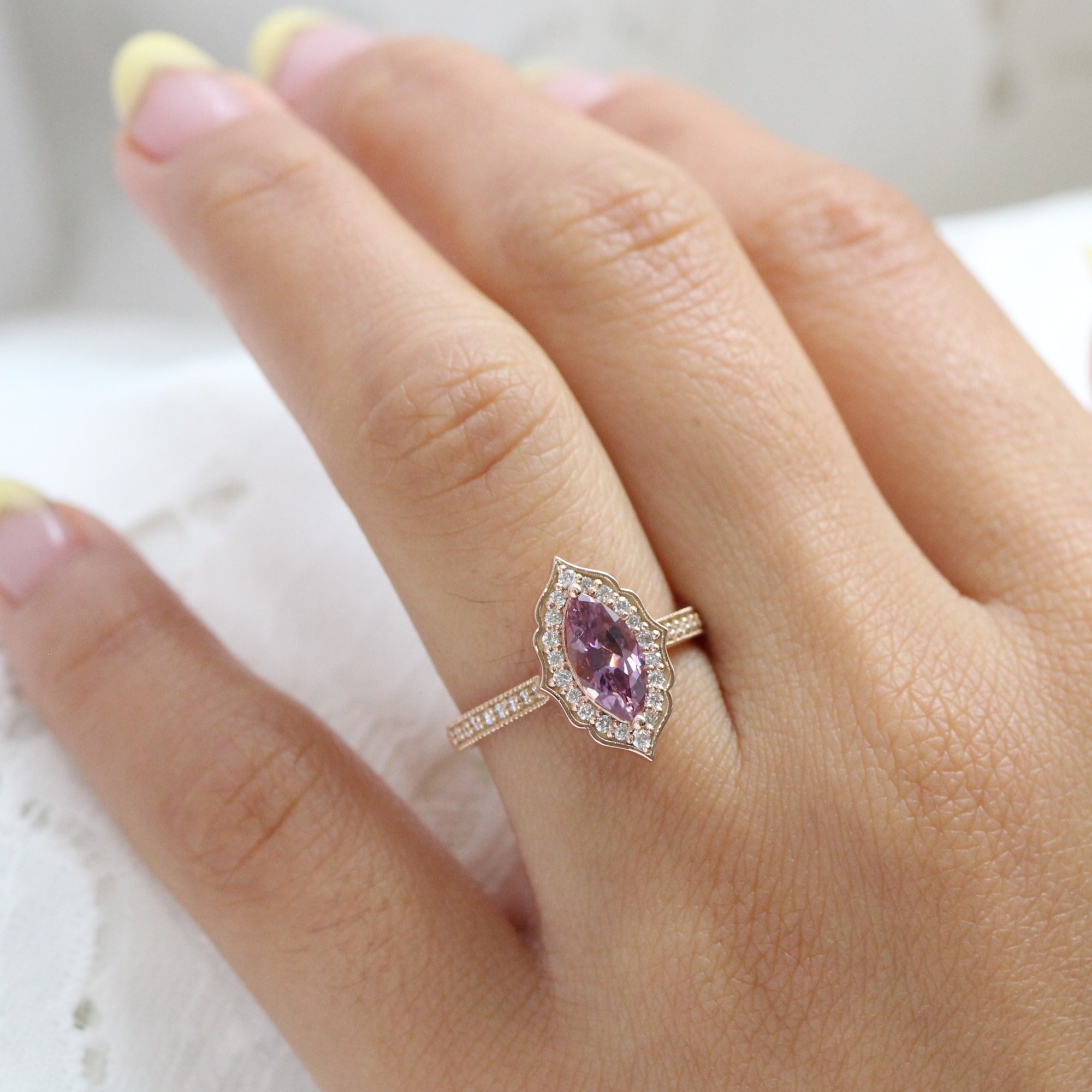 Purple pink sapphire ring rose gold marquise engagement ring la more design jewelry